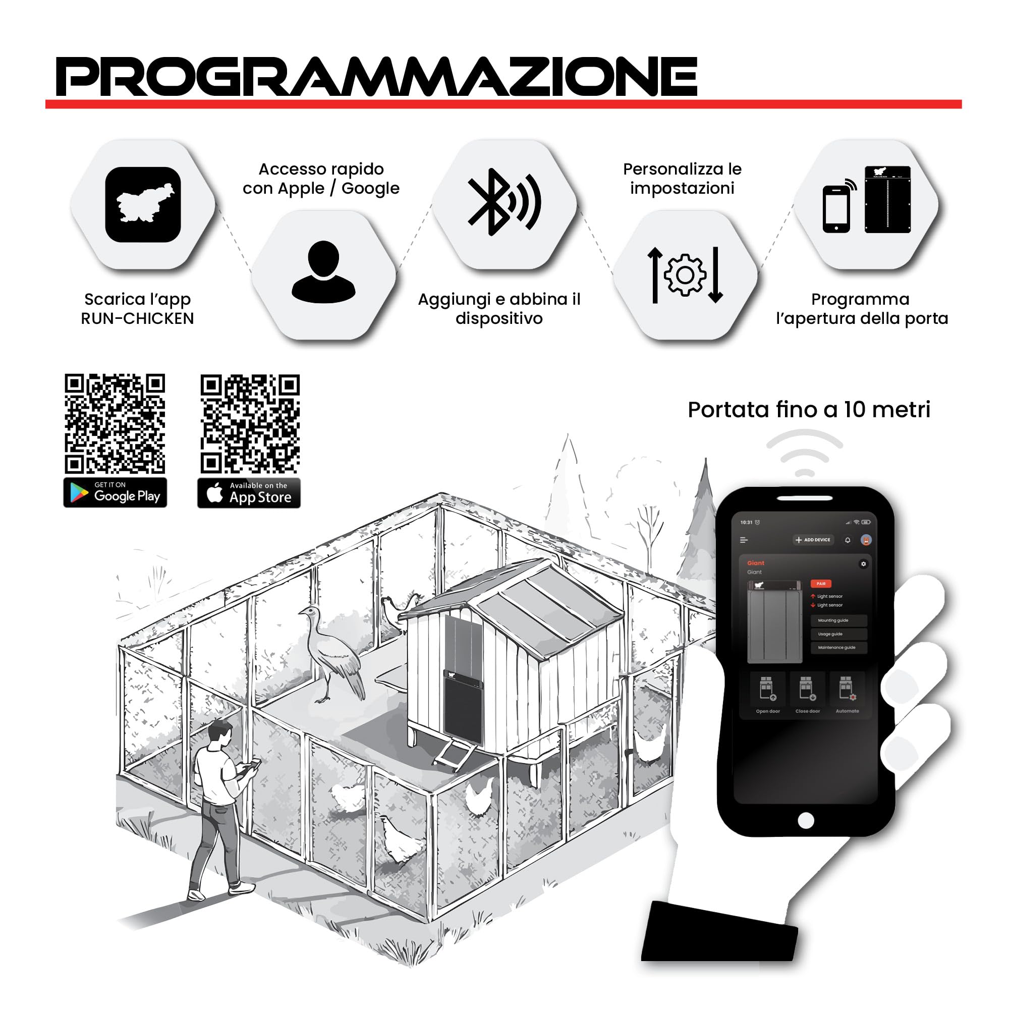 Porta automatica Run-Chicken GIANT grigia per grandi volatili. Apertura 36 x 50 cm, alluminio resistente alle intemperie. Timer o GPS e sistema di sicurezza anti-schiacciamento.
