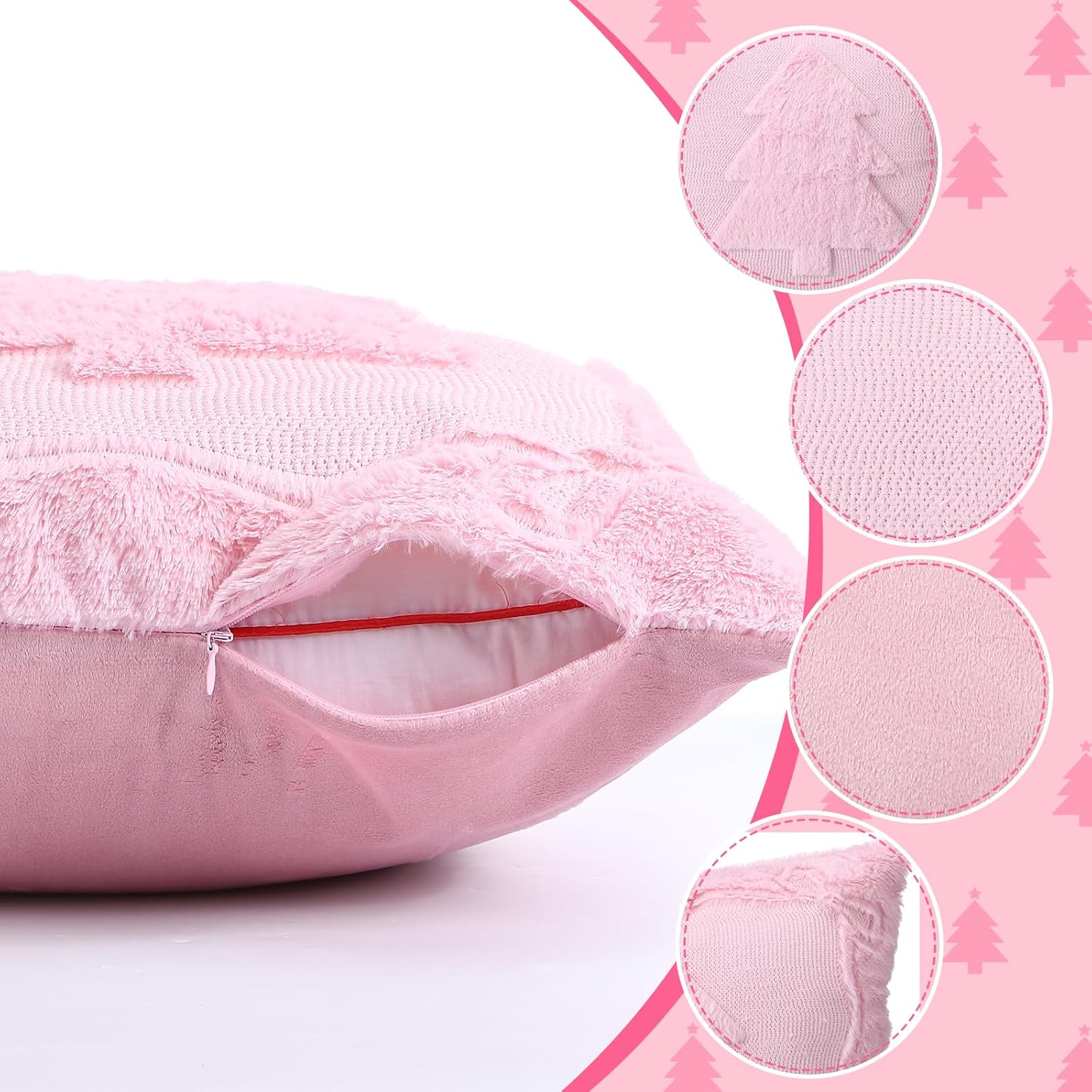 2 Pack Christmas Tree Pink Pillow Covers 18 x 18 Inch Pink Bow Throw Pillow Covers Soft Plush Faux Fur Cushion Case for Christmas Bedroom Sofa Winter Home Holiday Decor - Image 3