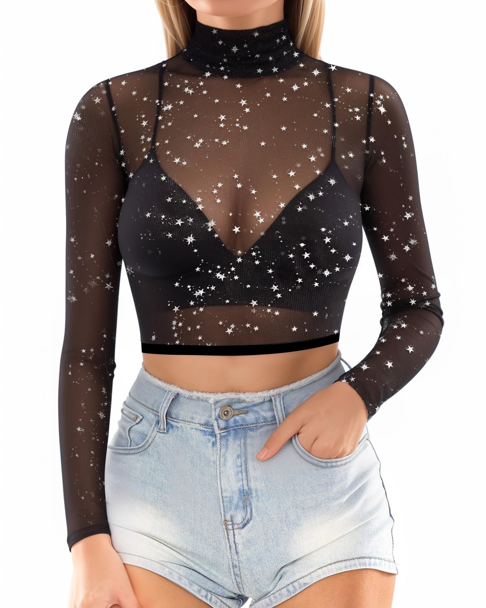 MANGOPOP Women's Short Sleeve Long Sleeve Sheer Mesh Crop Tops Tee Shirt Blouse