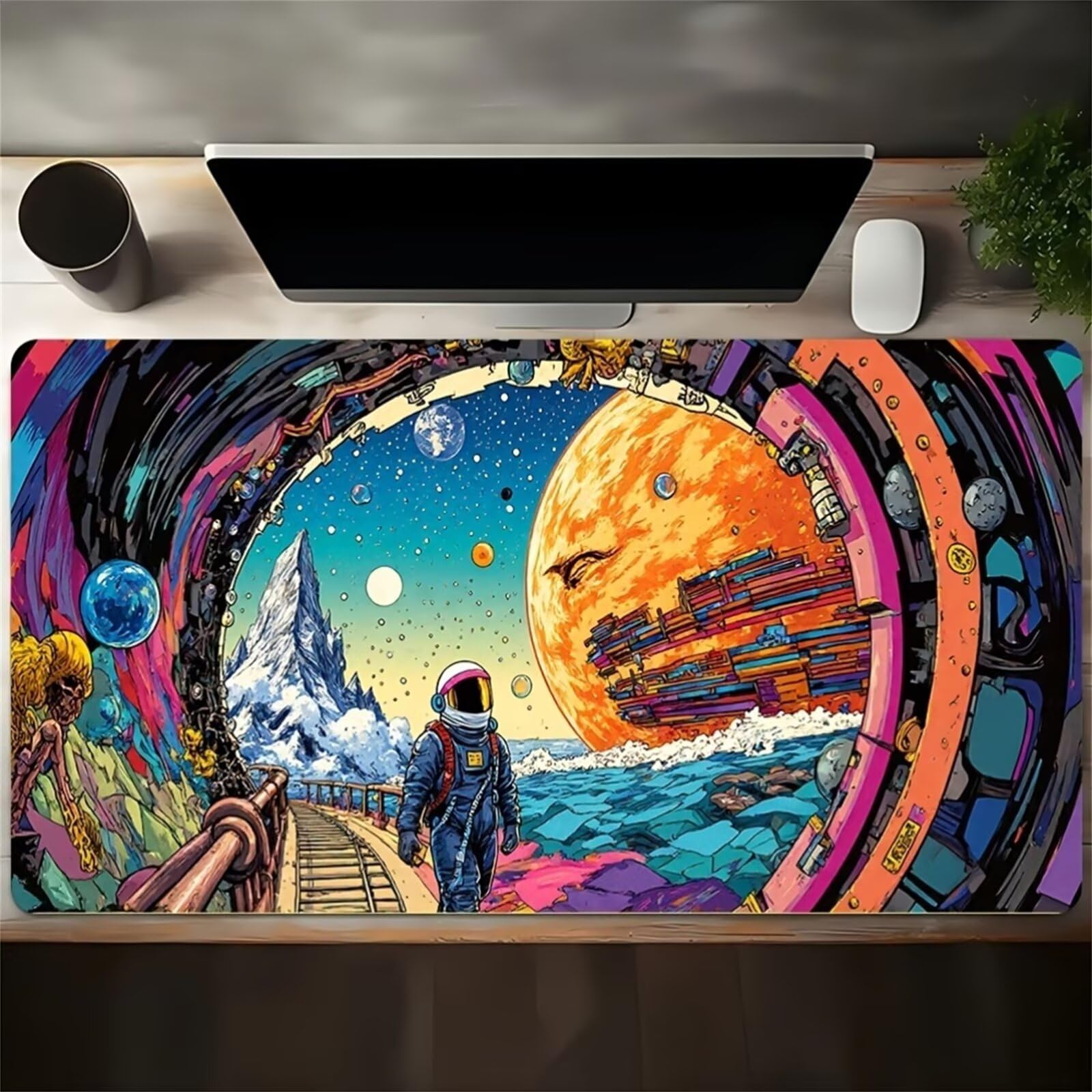 Alfombrilla de Ratón Gaming XXL 1000x500x2mm, Astronautas Espaciales Fantasía | Alfombrilla Escritorio Grande Antideslizante, Superficie de Alta Precisión y Velocidad para Teclado, PC y Laptop