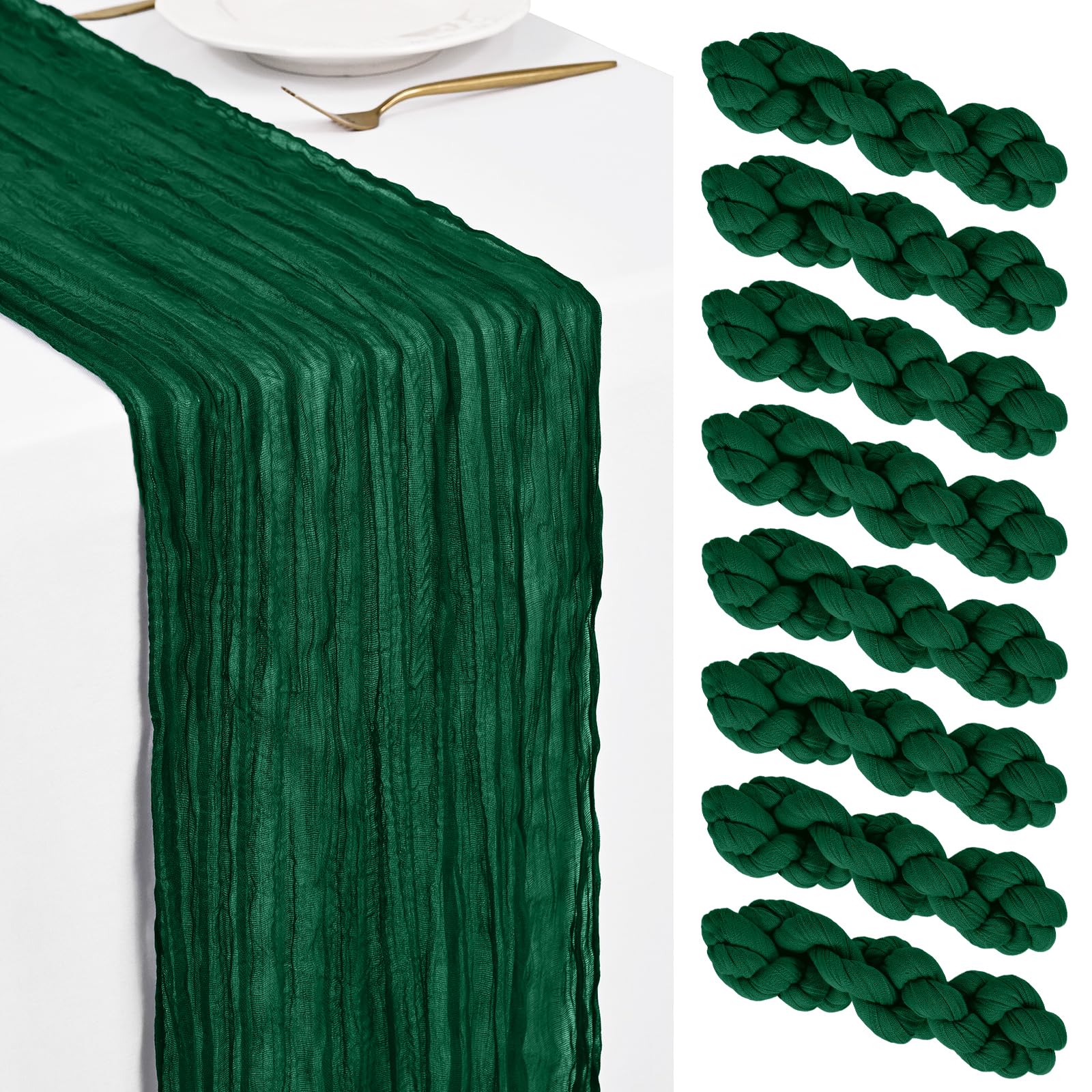 Showgeous 8 Pack Emerald Green Cheesecloth Table Runner 45x275cm Boho Gauze Cheese Cloth Table Runners Romantic Rustic Sheer Table Decorations for Wedding Party Baby Shower Birthday Holiday Home