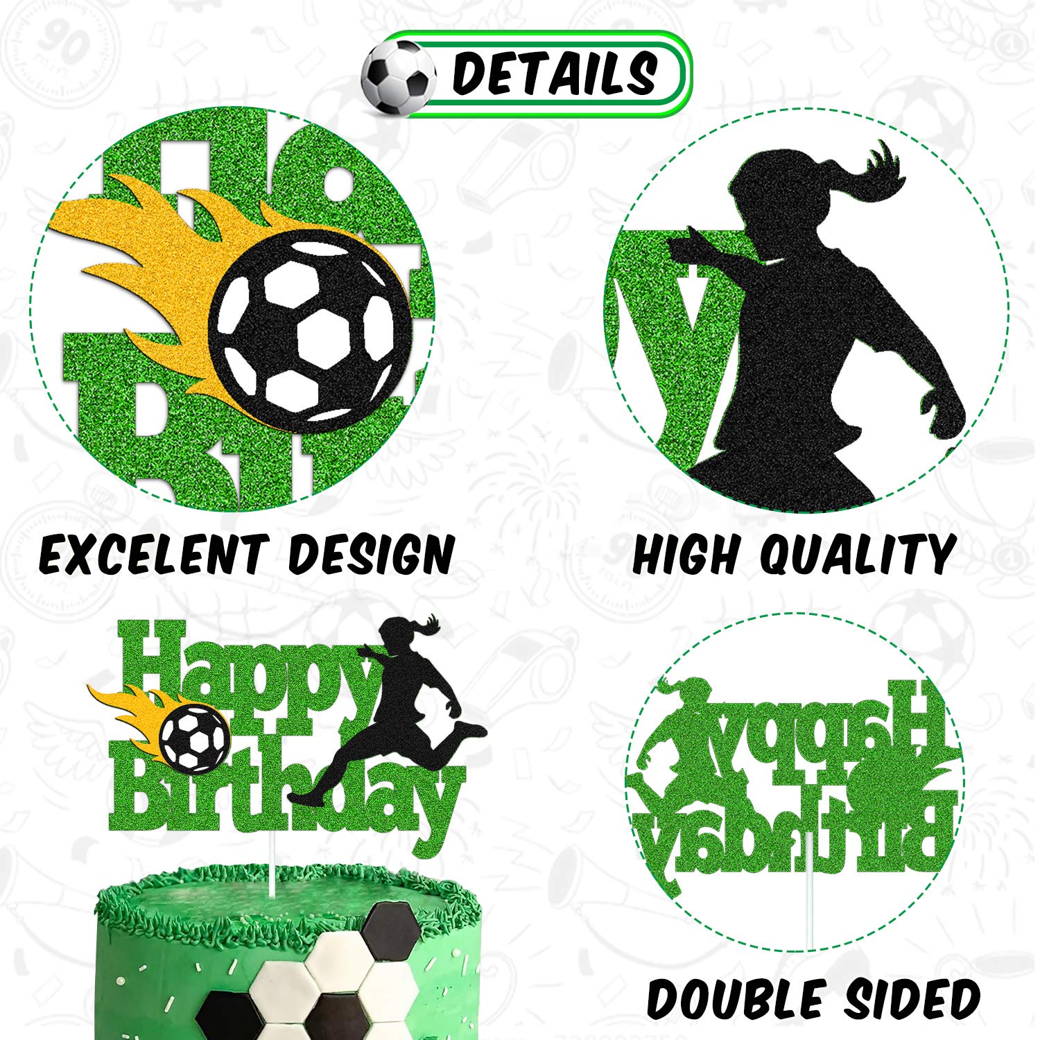 Soccer Cake Topper Happy Birthday Sign Cake Decorations for Soccer Ball Player Net Sport Football Themed Women Girl Birthday Party Supplies Green Glitter Décor Double Sided