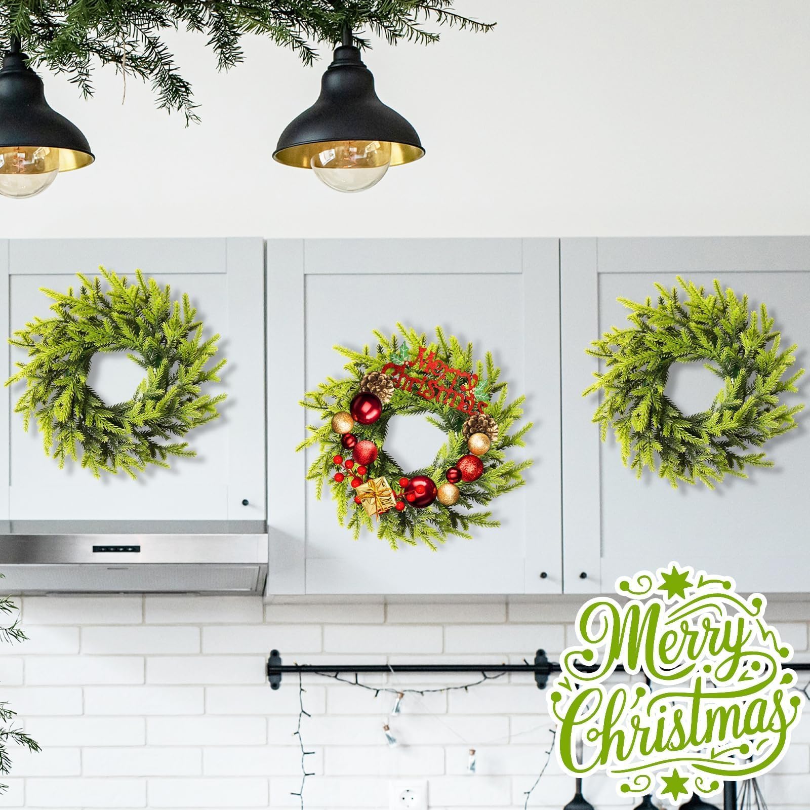 2 coronas artificiales verdes de Navidad de 10 pulgadas, coronas artificiales de imitación para puerta delantera, decoración de pared para interiores y exteriores (aguja de pino)