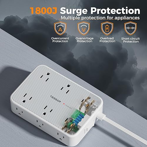 Miniatura 5 de TESSAN Regleta protectora de sobretensiones, cable de extensión plano de 5 pies con múltiples tomas, extensor de 12 salidas con 4 USB (2 USB-C),