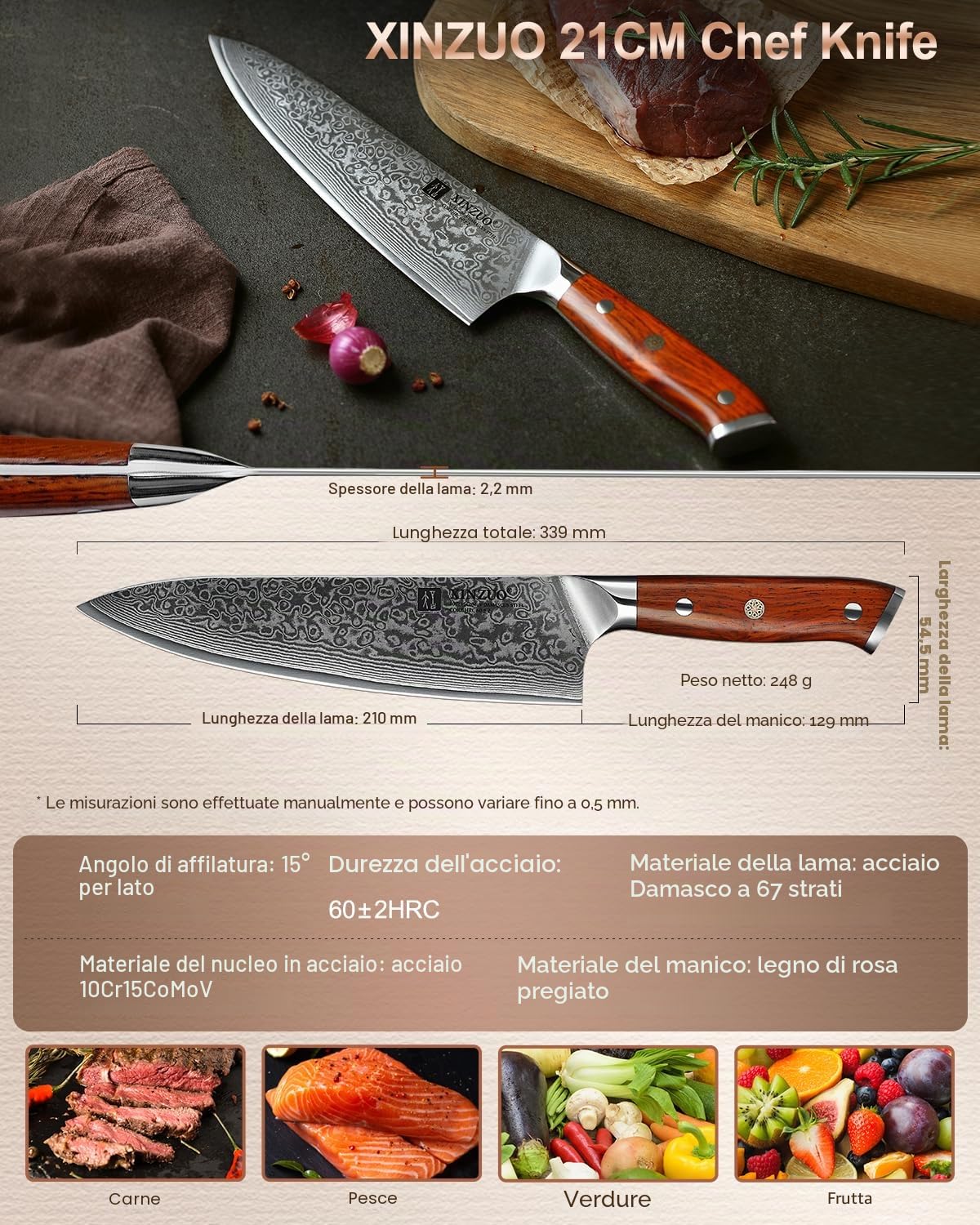 XINZUO Coltello da Chef 21cm Professionale Gyuto 10Cr15CoMoV Acciaio Damasco Manico Legno di Rosa