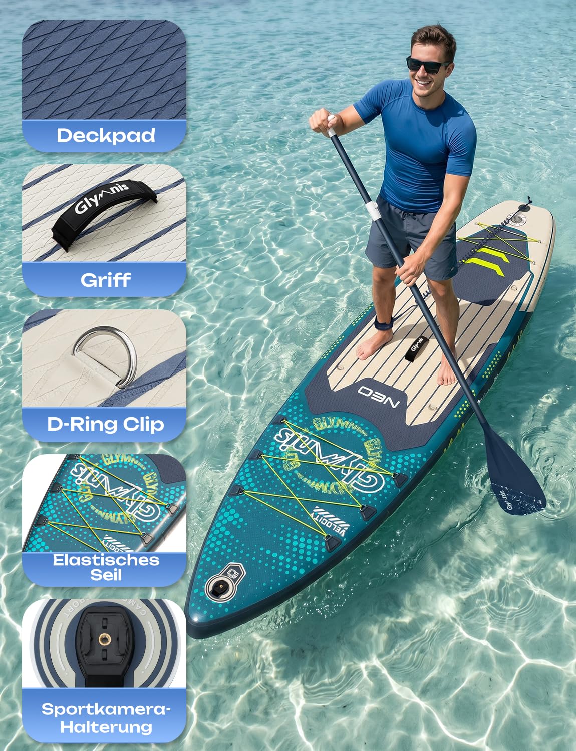 Glymnis SUP Board Stand Up Paddling Board nadmuchiwana deska do paddleboardingu, 10'6", 320 x 81 x 15 cm, grubość 6 cali z aluminiowym wiosłem, pompką powietrza i kompletnym wyposażeniem