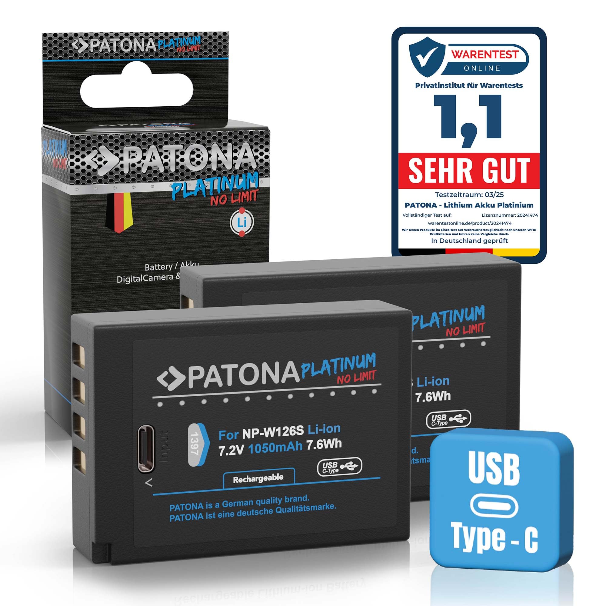 PATONA 2X Platinum NP-W126S Batteria 1050mAh con ingresso USB-C – Ricambio per Fujifilm NP-W126S – per X-T1 X-T2 X-T3 X-T20 X-T30 II, X100F X100V, X-Pro1 X-Pro3, X-E4, X-A7, X-H1 – doppia riserva