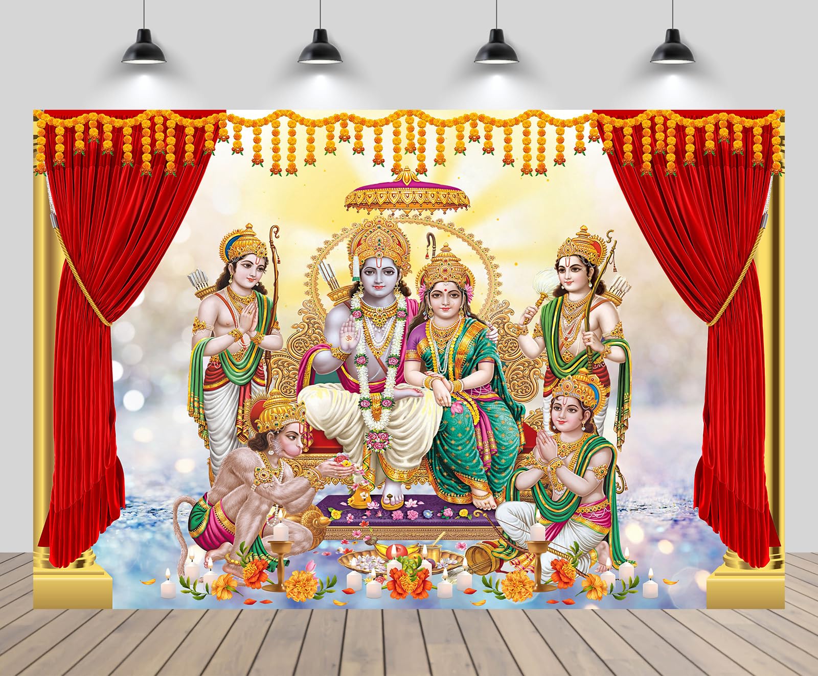 Lofaris India Pooja Photography Backdrop Puja Ganpati Pooja Traditional Mehndi Festival Background Decorations Wedding Party Marigold Garlands Photo Props 6x4ft