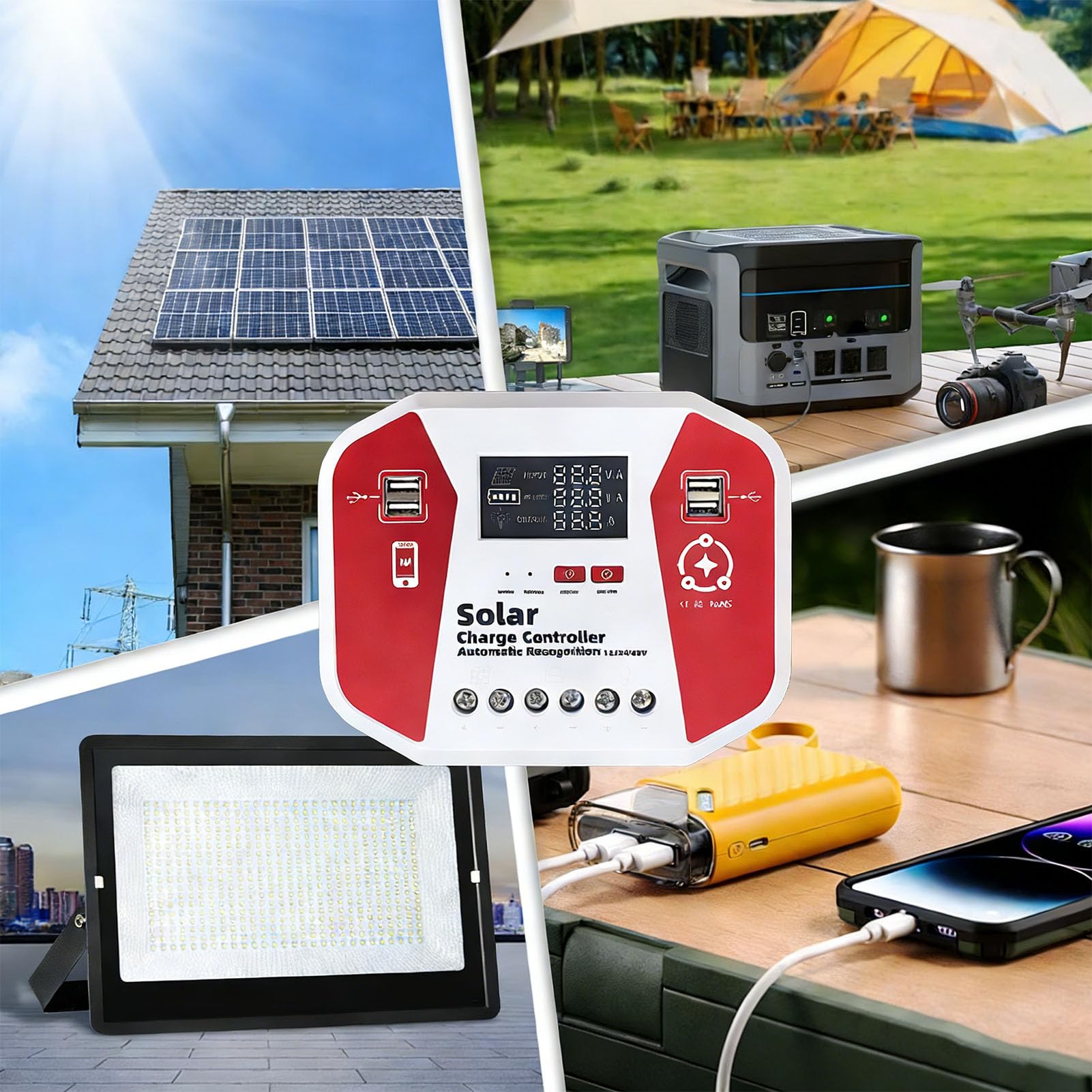 Asixxsix Regolatore di Carica Solare 100A, Display LCD con Rilevamento Automatico 12V 24V 36V 48V con Ricarica USB a 4 Porte, con Batterie Al Litio Gel AGM e Al Piombo