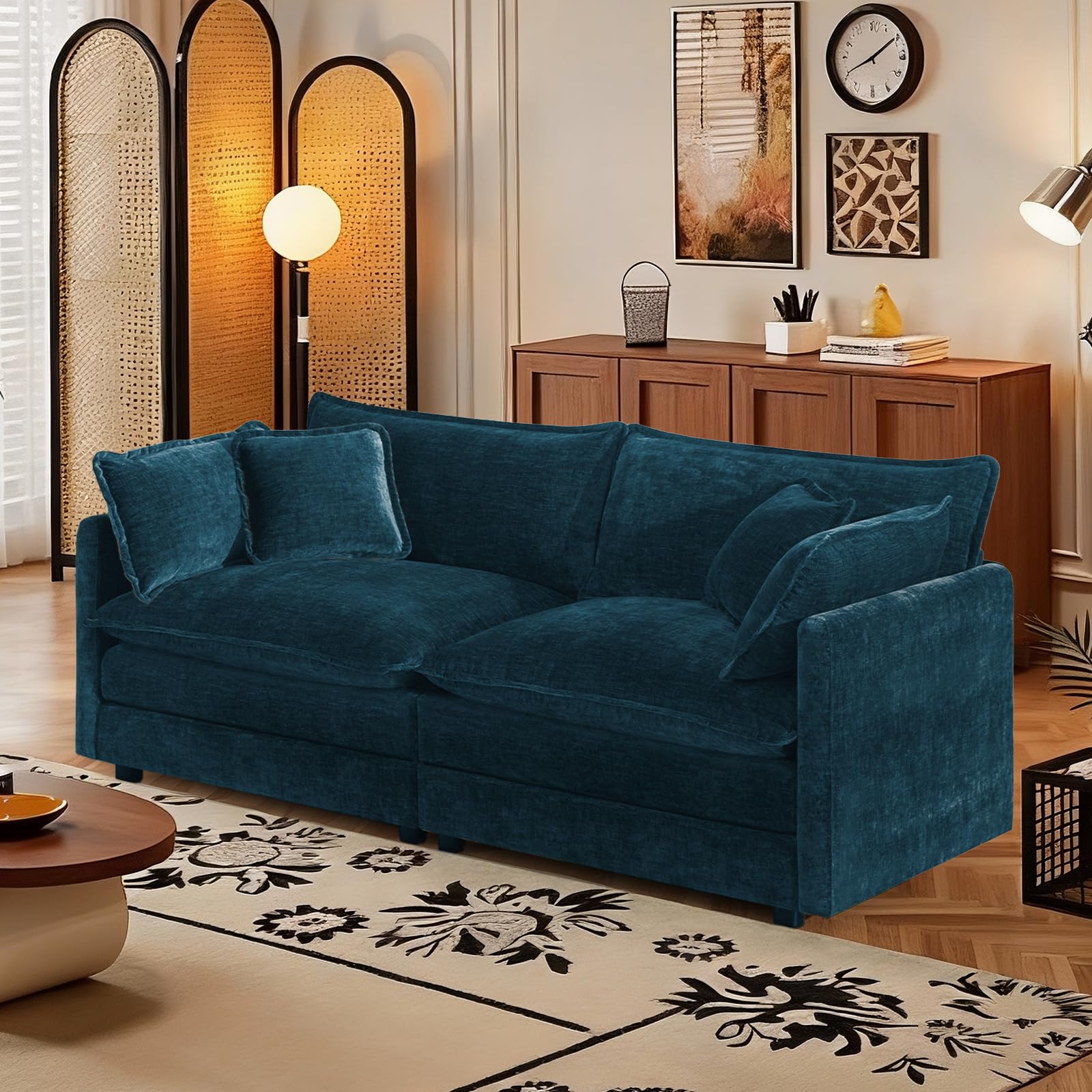 SoarFlash Chenille Sectional Sofa, Comfy Modular Loveseat Sofa, Modern 2-Seat Couch Deep Seat Sofa Set for Living Room,Deep Blue