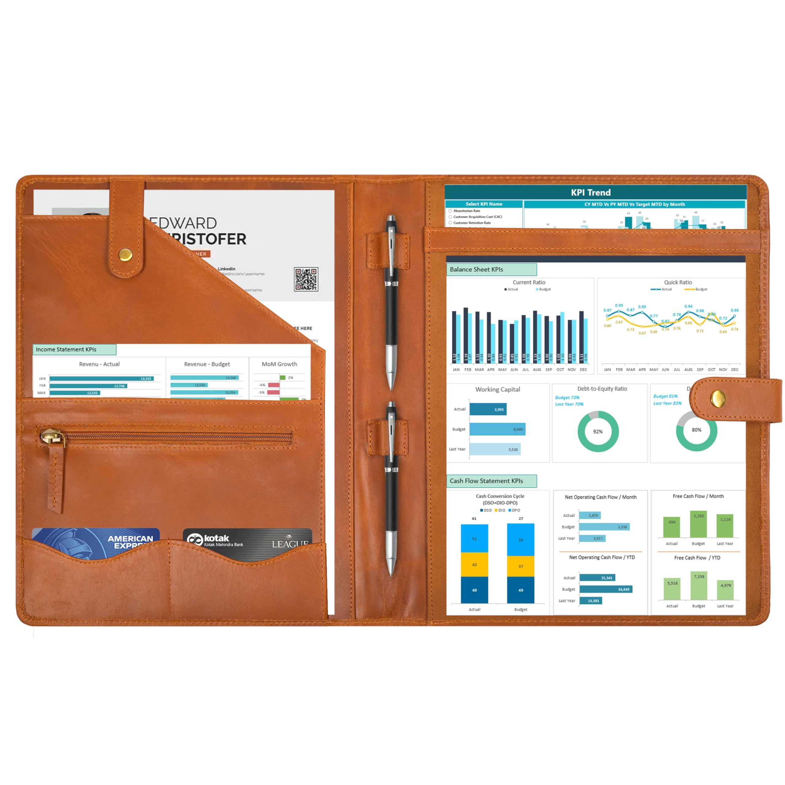Genuine Leather Portfolio Organizer for Men & Women Padfolio Folder for A4/Letter Paper with Pen Loop, Document Holder & Card Slots Ideal for Business & Interviews Tan - Image 2