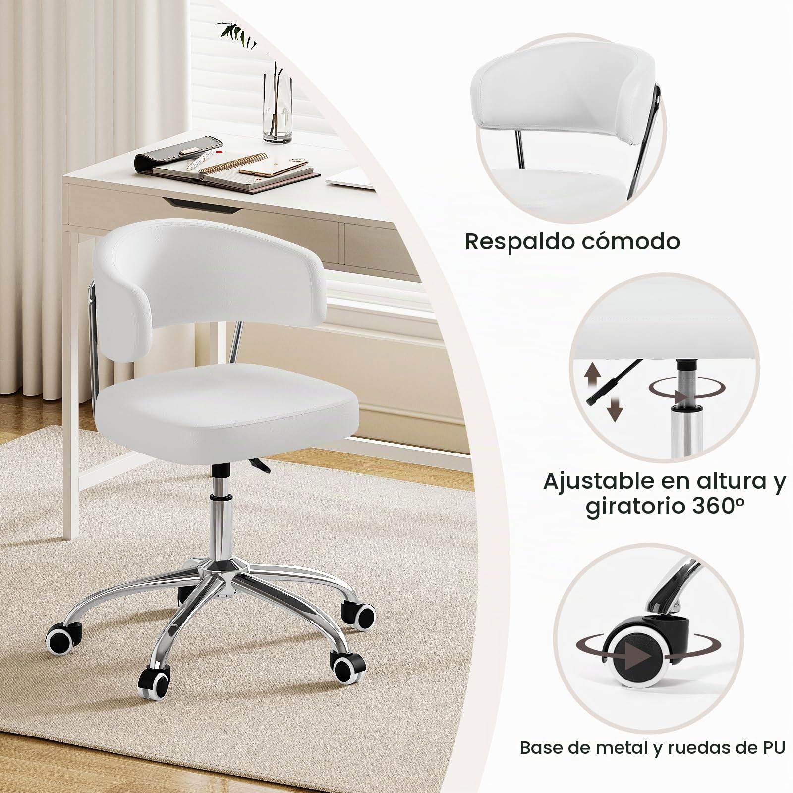 Silla de Oficina con Altura Ajustable, Ideal como Silla Tocador con Respaldo Curvo, Silla Giratoria de PU, Capacidad de Carga hasta 150 kg, Silla de Escritorio para Oficina y Dormitorio, Blanco