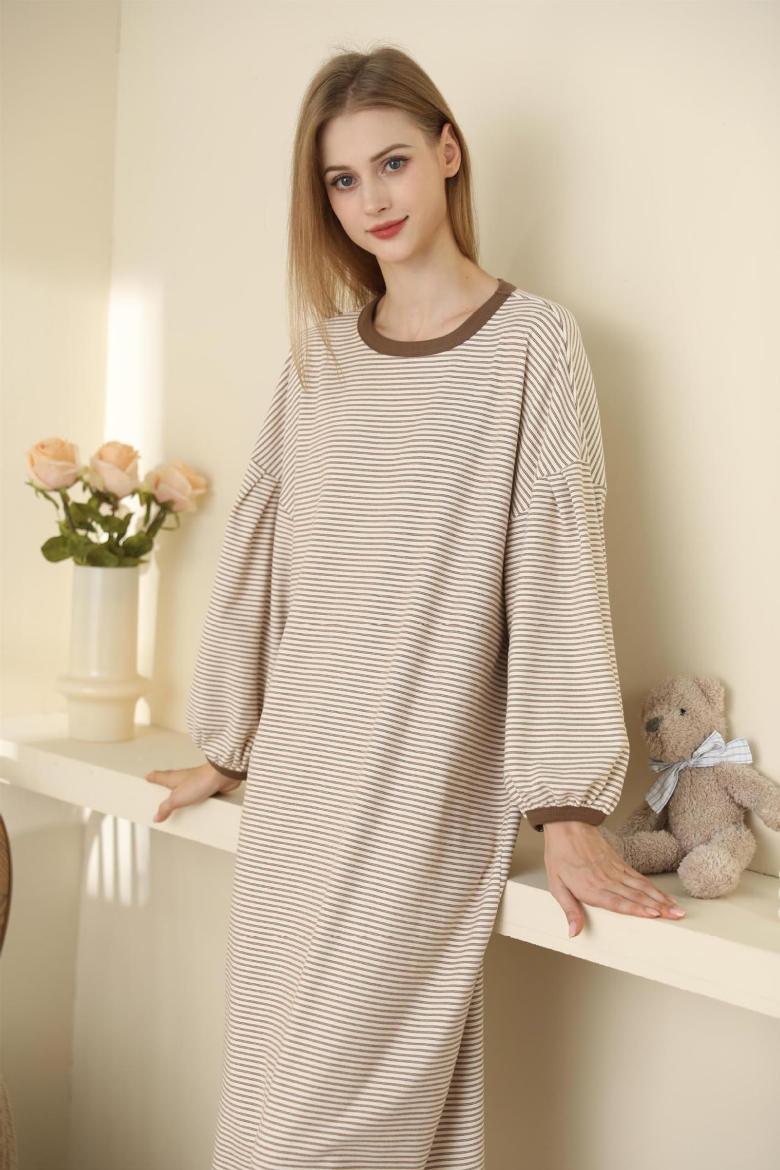 Generic Długie koszule nocne w paski dla kobiet, miękka koszulka nocna z okrągłym dekoltem luźna bielizna nocna Fit Pullover,Curry stripe,One Size