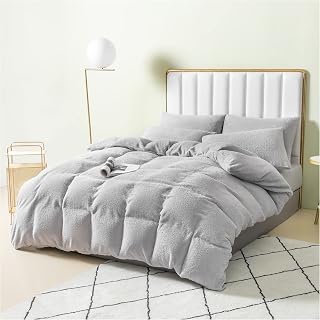 Duvet Cover with Matching Pillowcase Bedding Sets - Plain Teddy Fleece - Double - Light Grey - Thermal warm supersoft Quilt cover set, Double (198cm x 198cm)