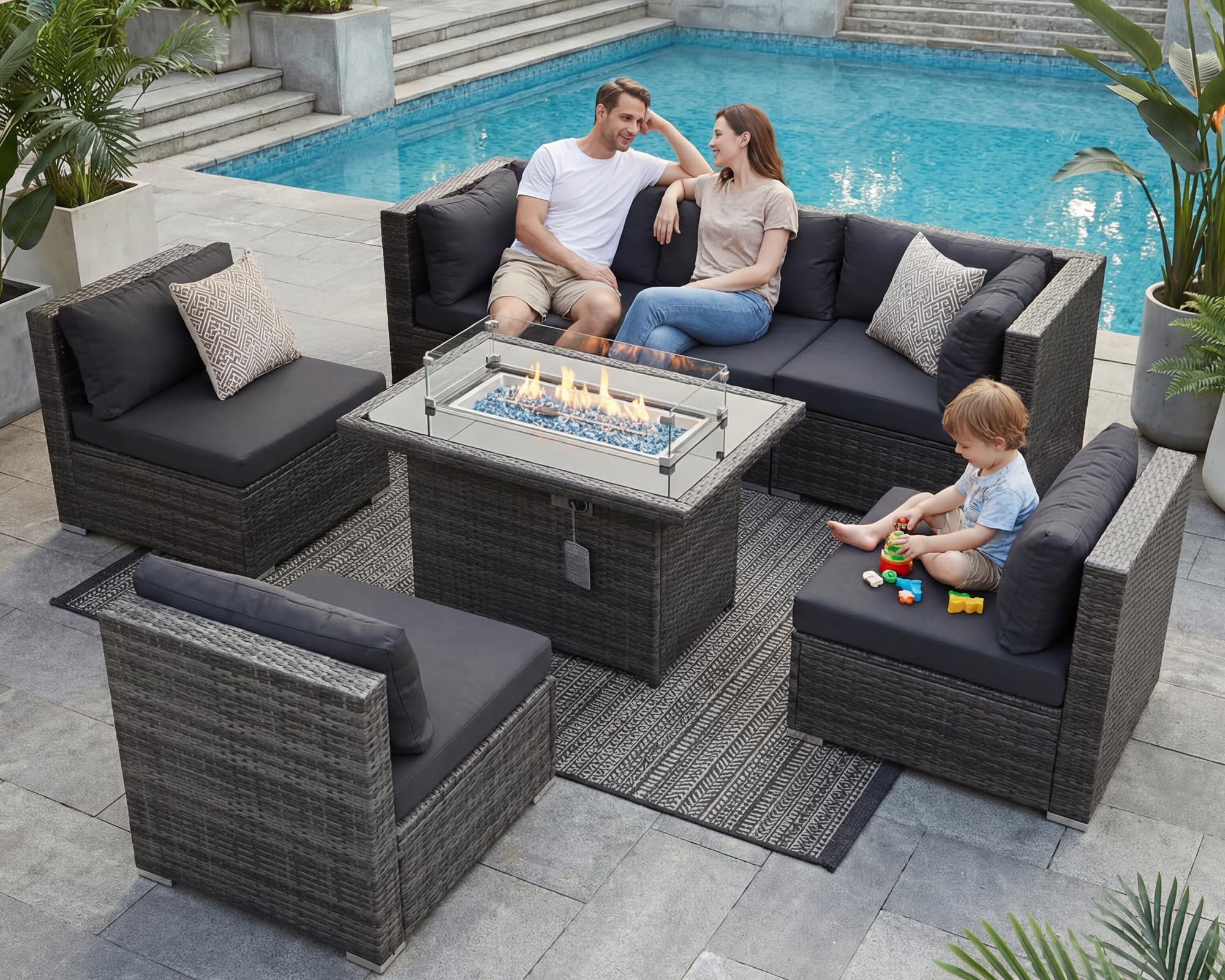 NICESOUL Extra Large Rattan Patio Furniture Set with Gas/Propane Fire Pit Table, 29.3'' High Back Comfy Outdoor Sofa Conversations, 7 Piece Moden Deep