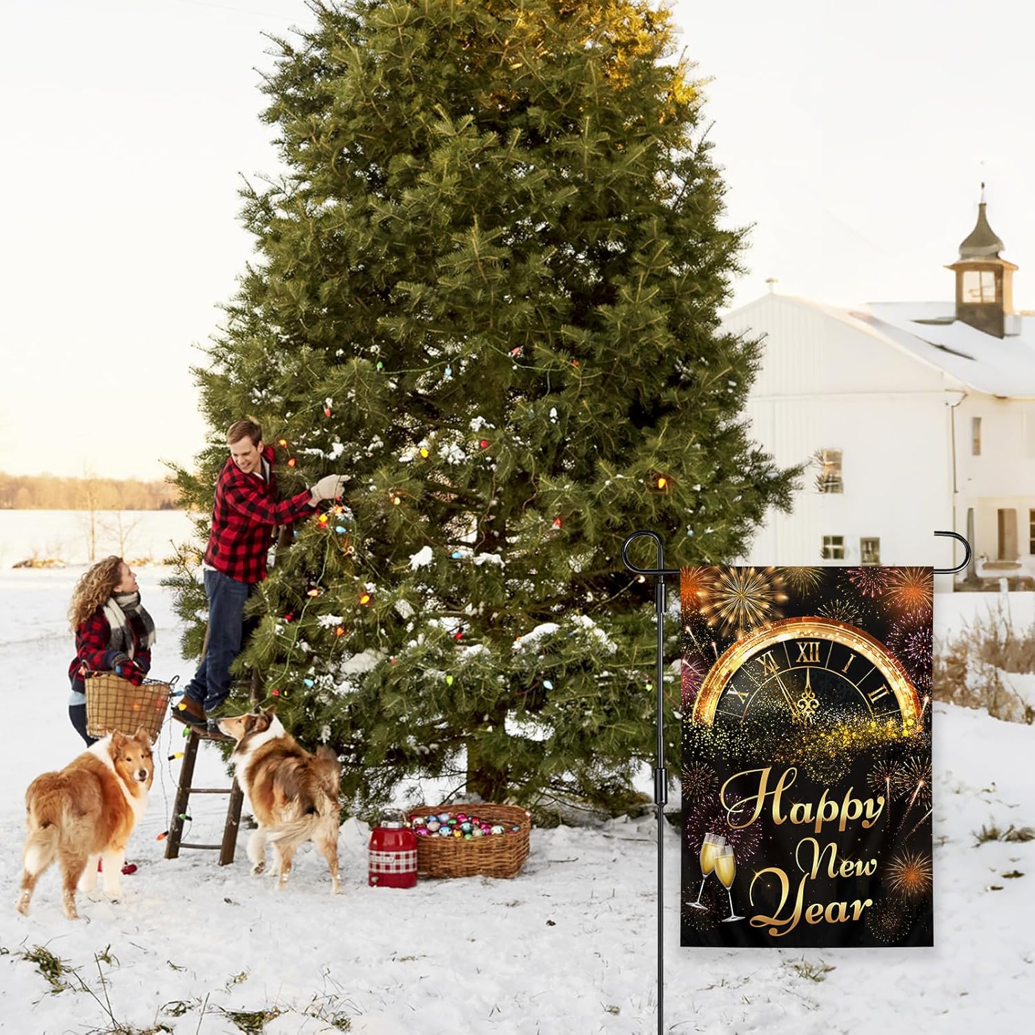 Happy New Year Garden Flag, 12x18 Inch Double-Sided Holiday Outside Yard Flags Flag, Black Background Fireworks Clock Pattern Courtyard Decoration - Image 6