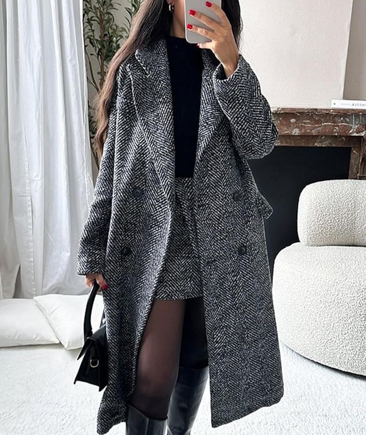 SOMTHRON Women's Winter Herringbone Wool Trench Coat Double Breasted Notch Collar Dressy Long Pea Coat Overcoat - Image 2
