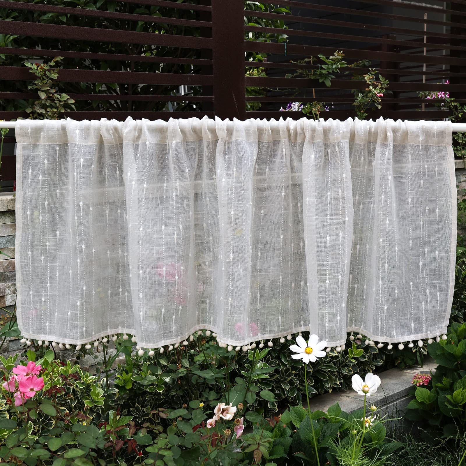 ArtisticHome Voile Short Curtain Net Sheer Beige Linen Kitchen Curtain Valance with Pompom 12 inches Drop Light Filter Privacy Protected Half Curtains Drapes for Bedroom Living Room 150W x 60L cm