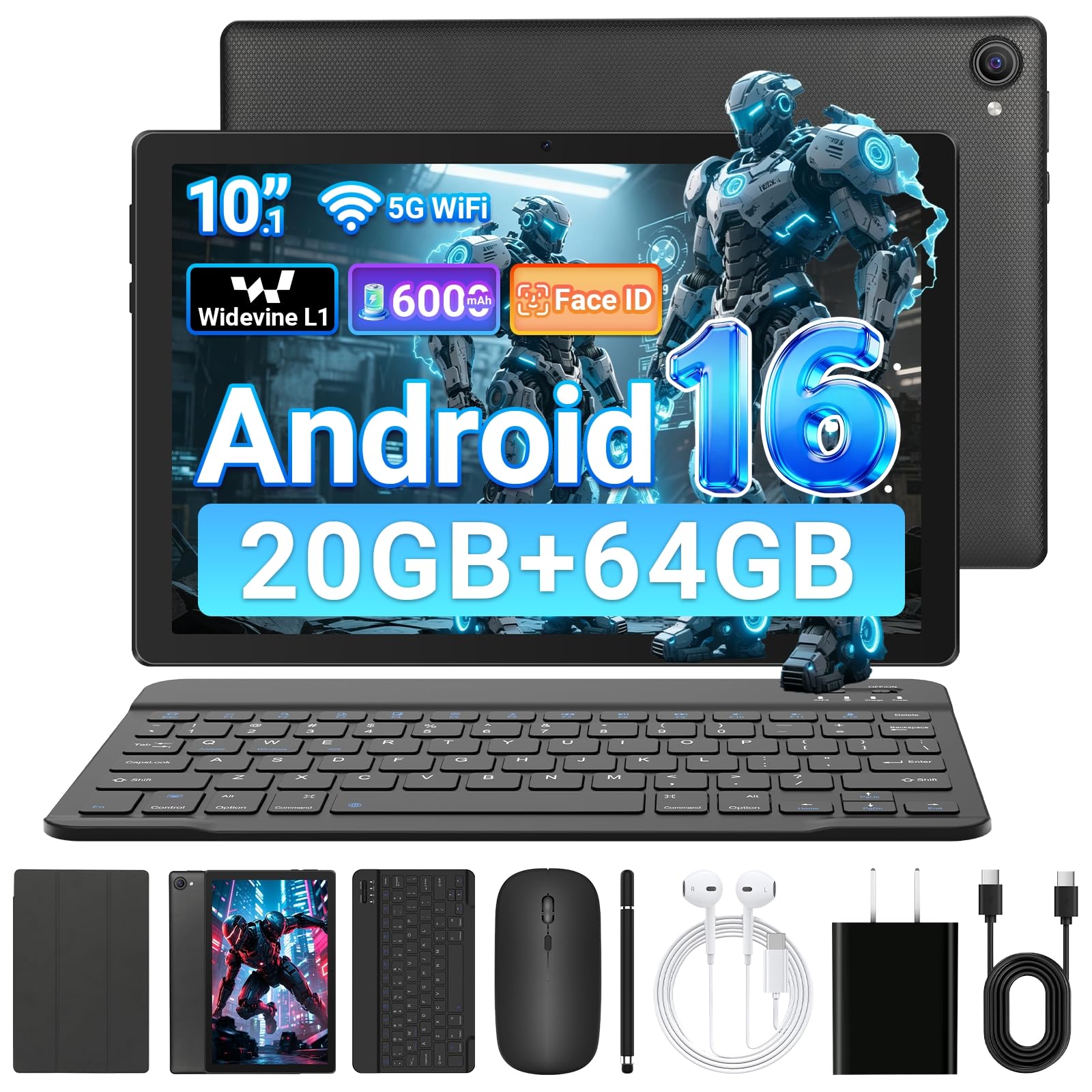 Gleeso Tablet Android 16 da 10 Pollici, Tablet con Tastiera 20GB+TF 1TB, Android Tablet PC con Mouse, Penna Stylus, 6000mAh, Fotocamera da 8MP, WiFi 5G, Laptop Portatile per Studenti e Aziende