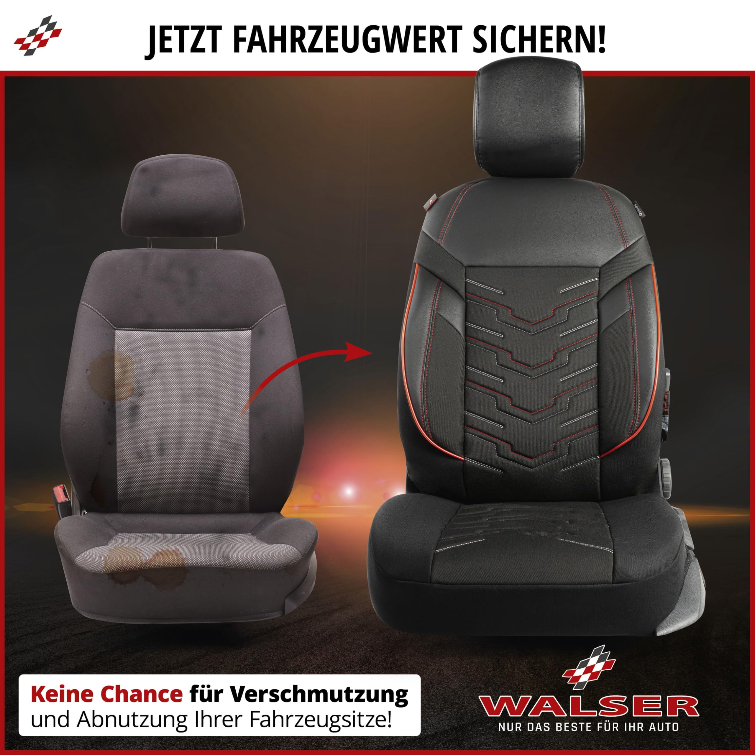 Walser Deluxe pokrowce na siedzenia samochodowe Marbella z zamkiem błyskawicznym, 2 pokrowce na przednie siedzenia, Zipp-IT, rozmiar uniwersalny, czarny/czerwony