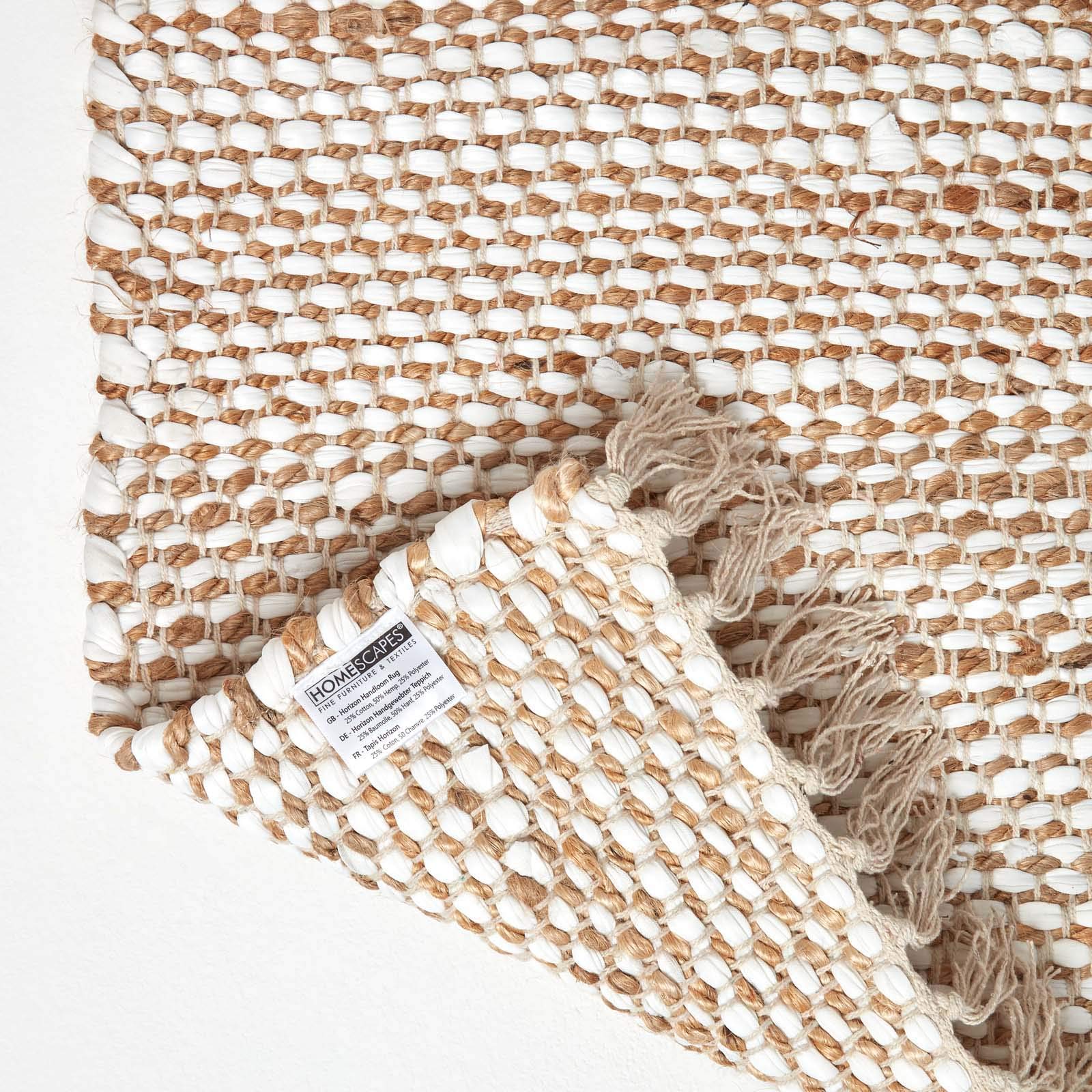 Homescapes Chindi-Teppichläufer Horizon 66x200 cm, handgewebter Teppich im Flickenteppich-Stil mit Zickzack-Muster, Flachgewebe aus Hanf & Baumwolle, Creme-Natur