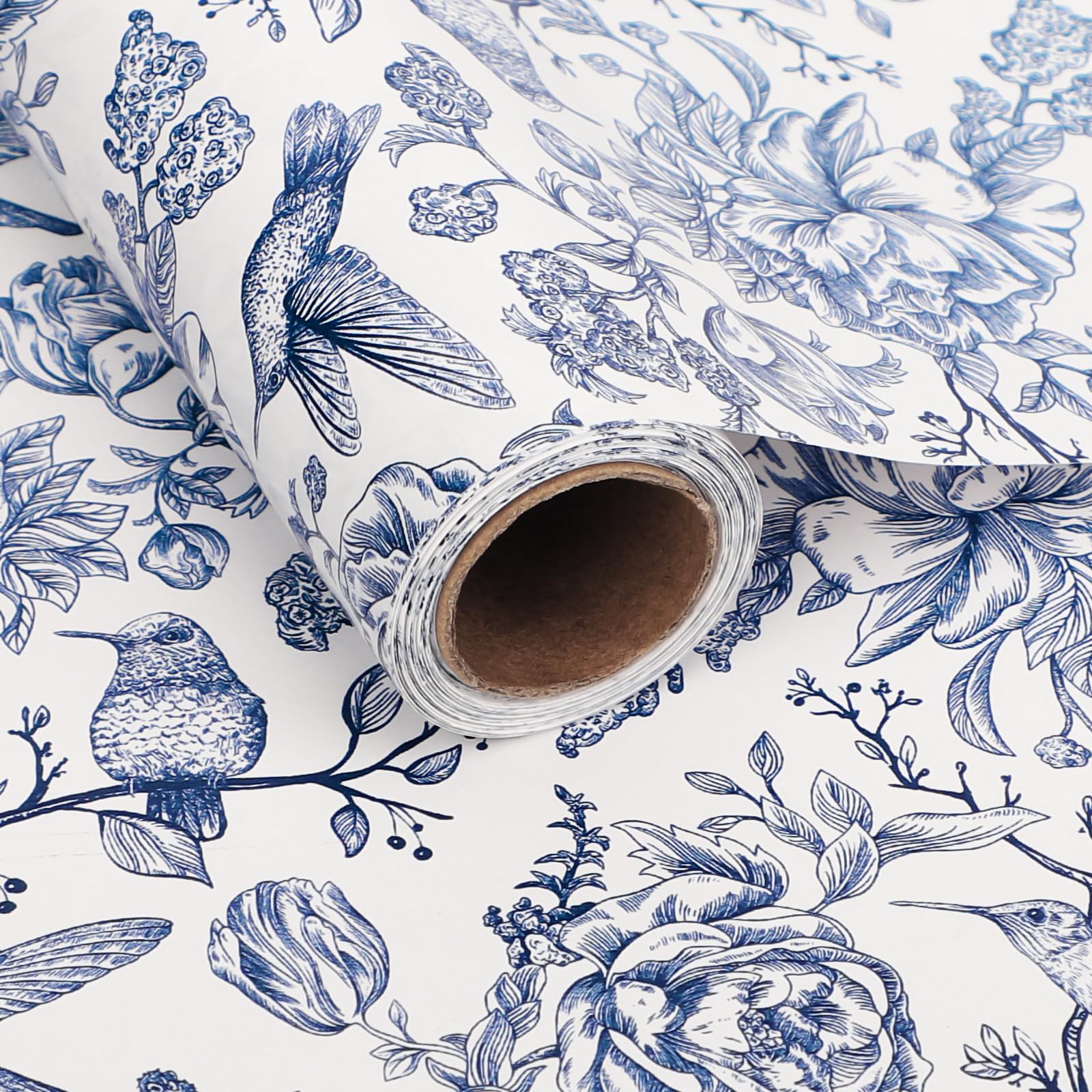 1 Roll Blue Floral Bird Wrapping Paper Mini Roll - 43cm x 10m Blue Flowers Bird Gift Wrap Paper for Birthday Wedding Baby Shower Party Wrapping Supplies