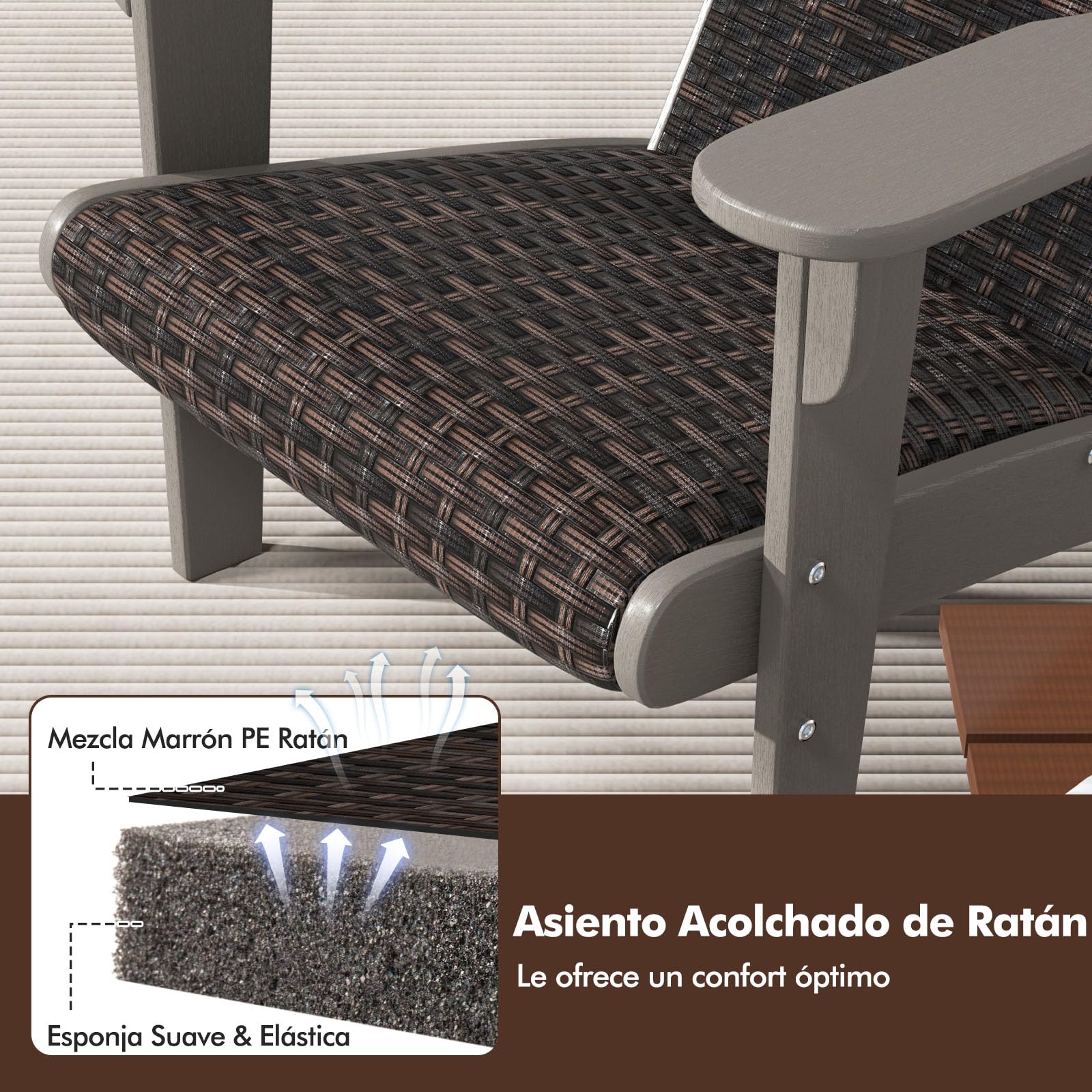 COSTWAY Silla Adirondack, HDPE con Asiento y Respaldo Acolchonados de Ratán, Silla Jardin con Reposabrazos Anchos y Portavasos Oculto, 92 x 76 x 100 cm (Gris)