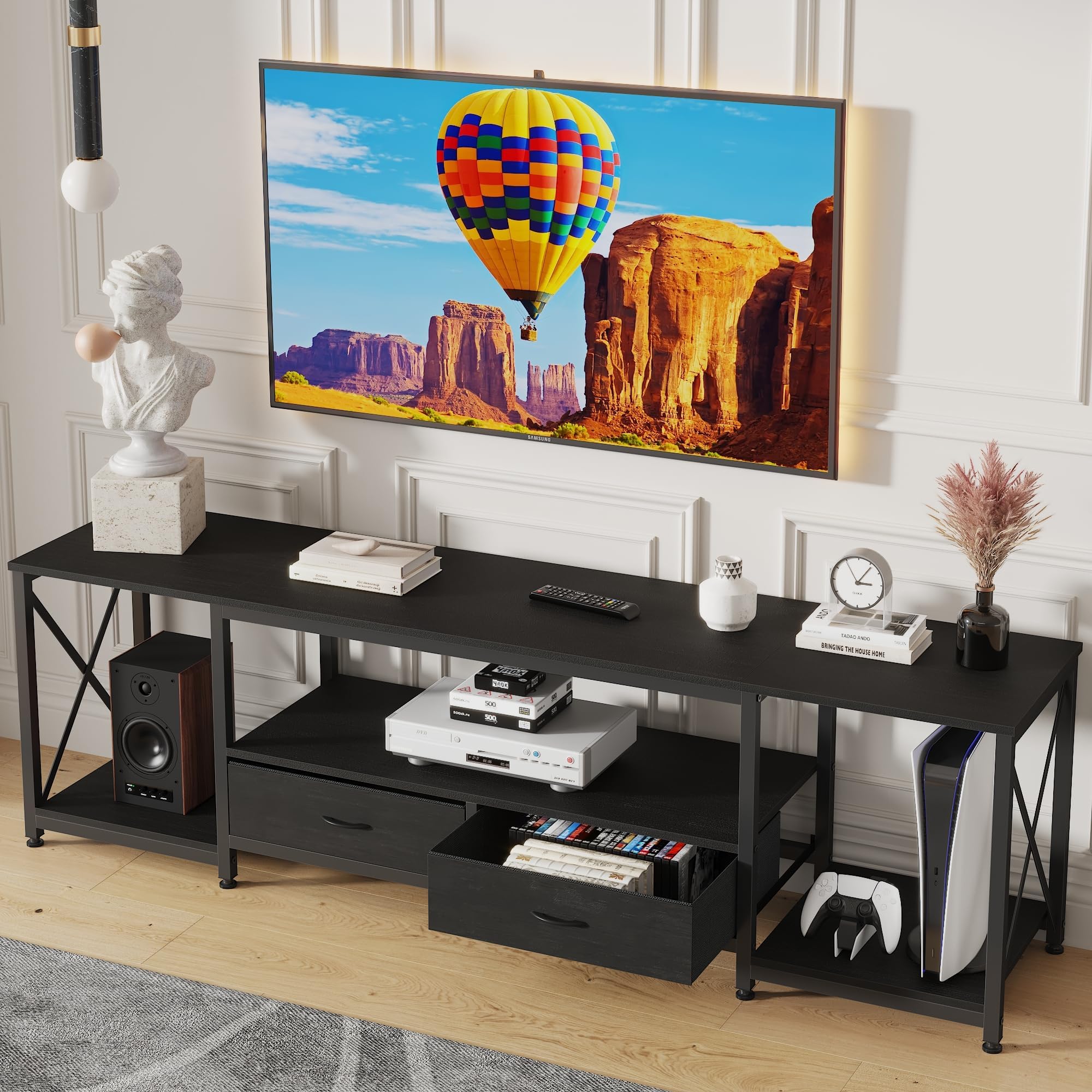 GYIIYUO TV Stand with Fabric Drawers for 55 60 65 Inches TV - Entertainment Center and Industrial TV Console Table with Open Storage Shelves for Living Room, Bedroom - 55.1" Black