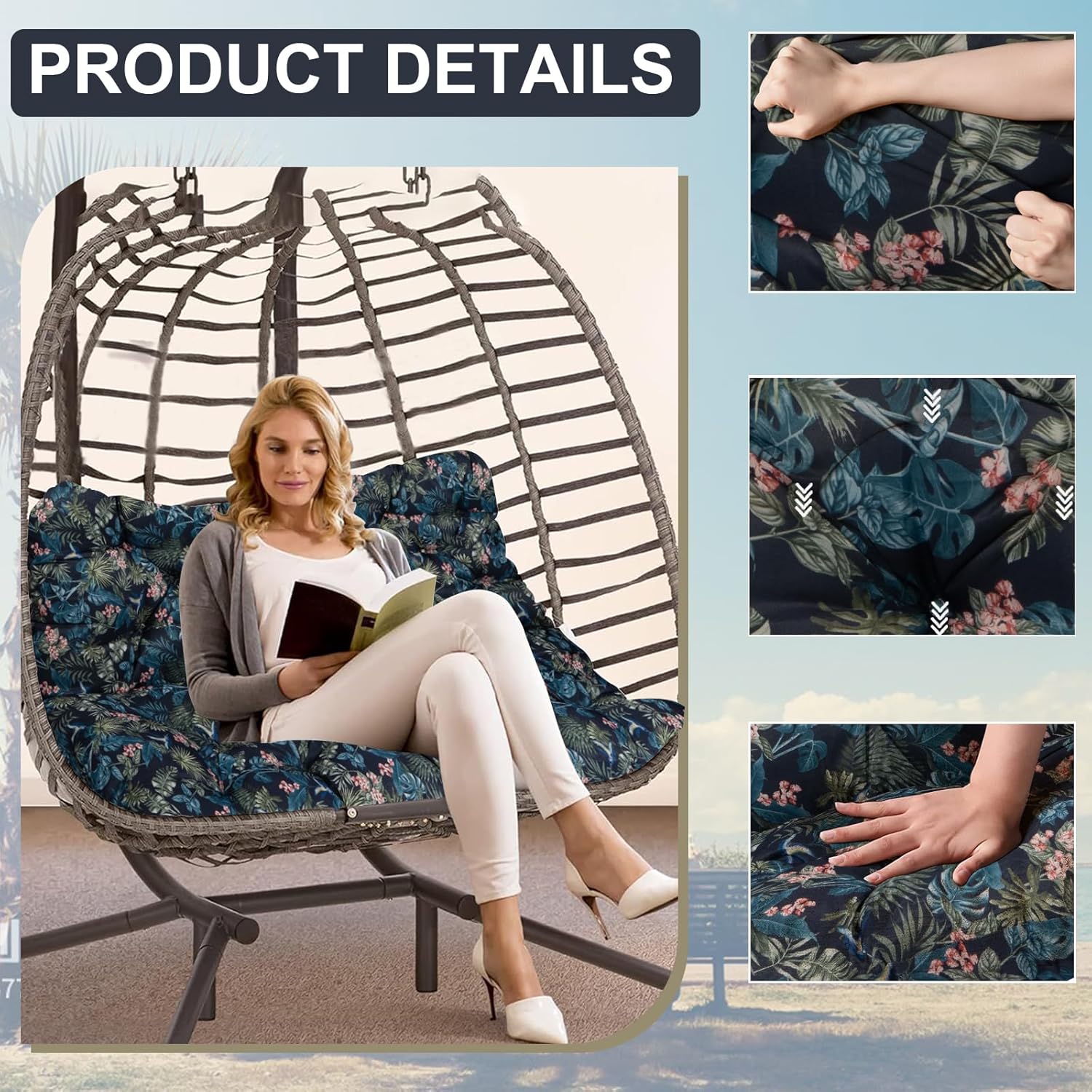 Porch Swing Cushion Three Seat, Waterproof Swing Cushions Replacement with Backrest, Outdoor Garden Furniture Patio 4" Thickened Cushions with Ties (Hummingbird, 40x60in)