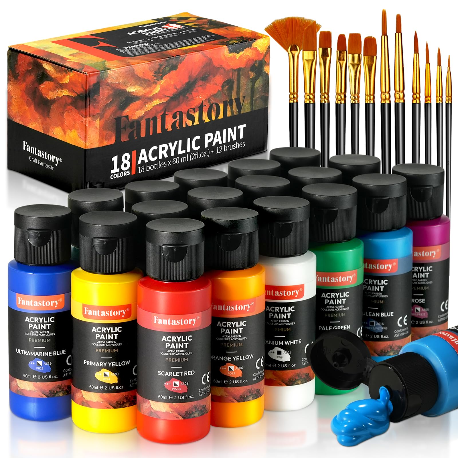 Fantastory Acrylfarben Set 18 x 60ml, 12 Pinsel, Exzellente Deckkraft, hohe Lichtechtheit, wasserfest Acrylic Paint, Ideal für Leinwand, Holz, Geeignet für Künstler, Profis