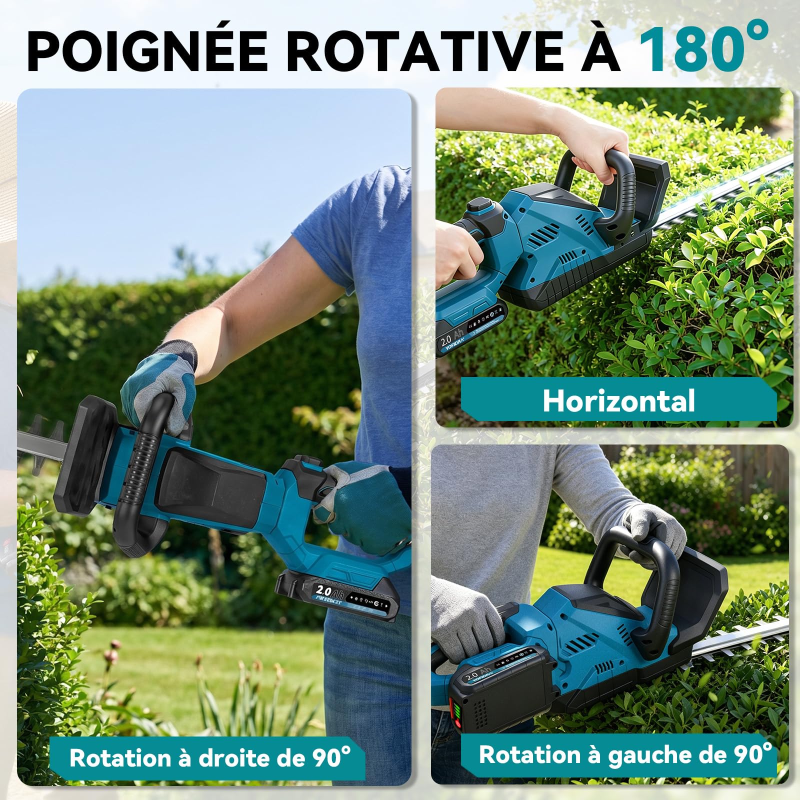 Yofidra Taille Haie Batterie 50cm, Lames Doubles, Batterie 2x2.0Ah, Écartement des Dents 18mm, Poignée Rotative 180°, Taille-Haie Électrique sans Fil avec Chargeur et Housse de Protection