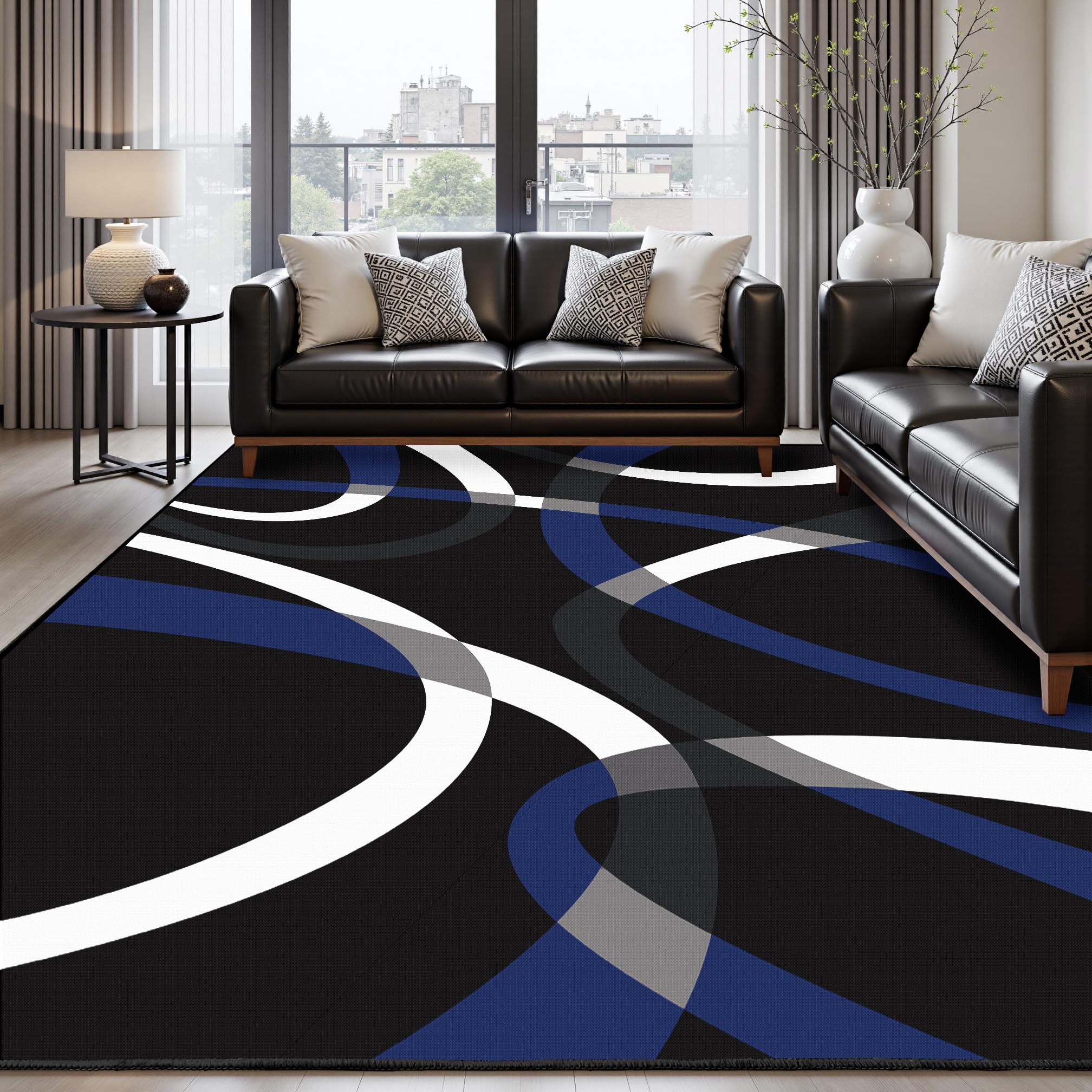 Photo 1 of Classical Modern Black and Blue Stripe Pattern Area Rug for Living Room 3x5 Outdoor Rug Non Slip&Non-Shedding Low Pile Indoor Large Carpets for Bedroom, Dining Room, Home Office, Bathroom