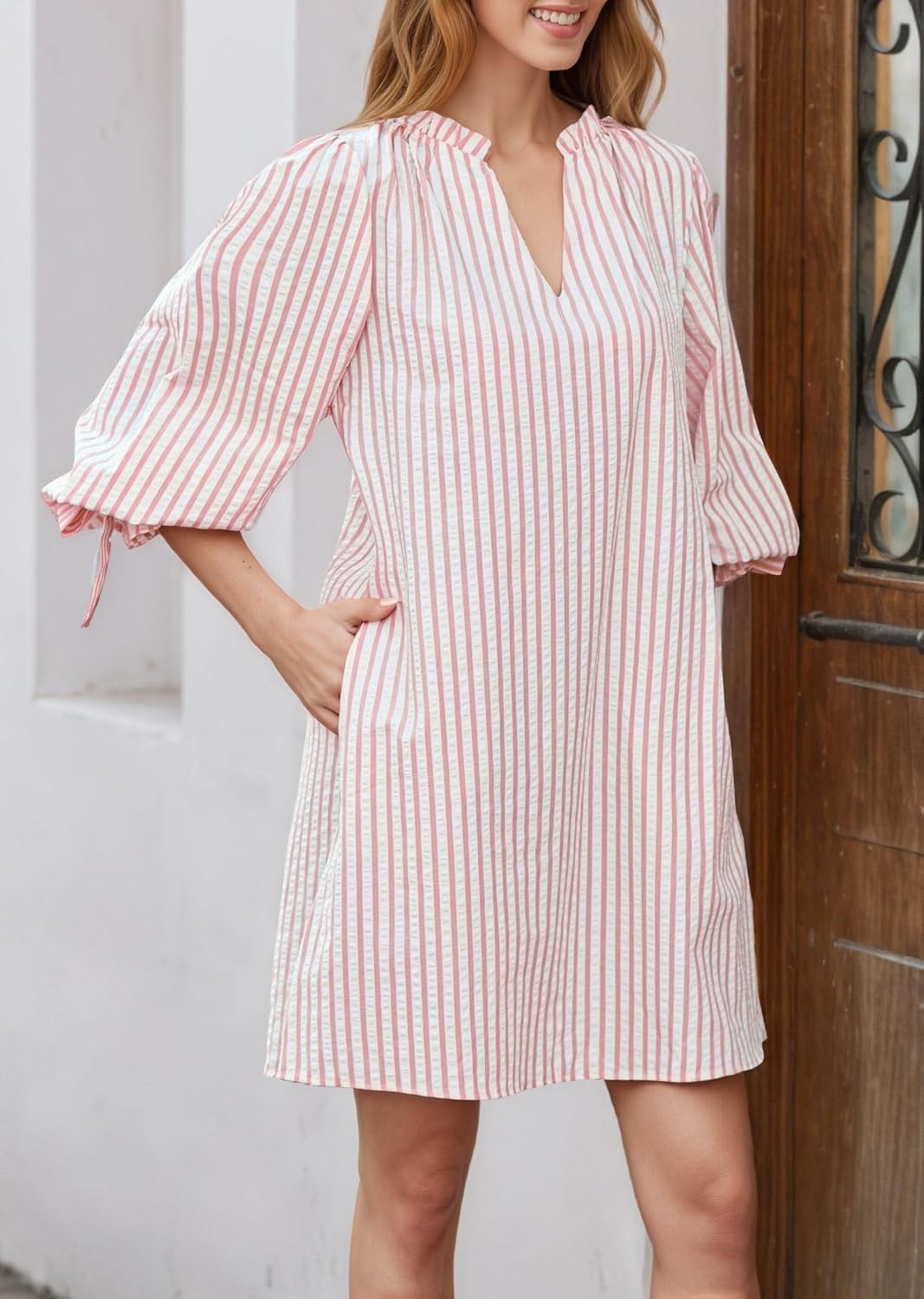 Striped Dress for Women V Neck 3/4 Bow Puff Sleeve Summer A Line Flowy Shirt Dress with Pockets - Image 2