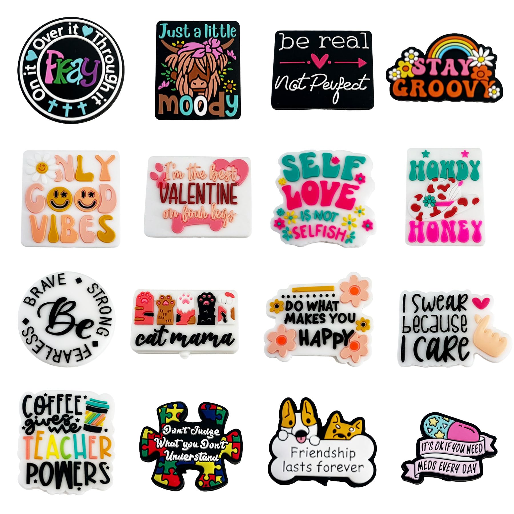 16 Pcs Silicone Focal Bead Cute Loose Beads Accessory for DIY Keychains Bracelet Necklace Pens Lanyard Making (Inspirational Words)