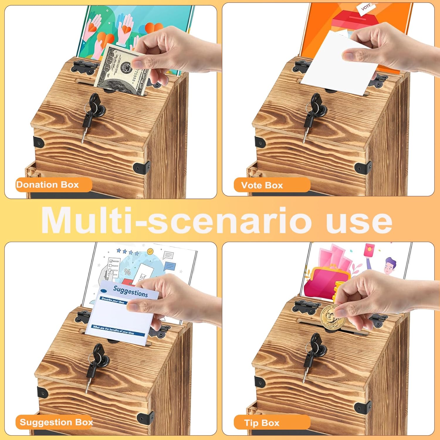 handrong Suggestion Box,Wooden Donation Boxes with Slot and Lock,Wood Raffle Box,Ballot Prayer Tip Money Drop Boxes with Sign Holder for Fundraising Prayer Ballot Comment