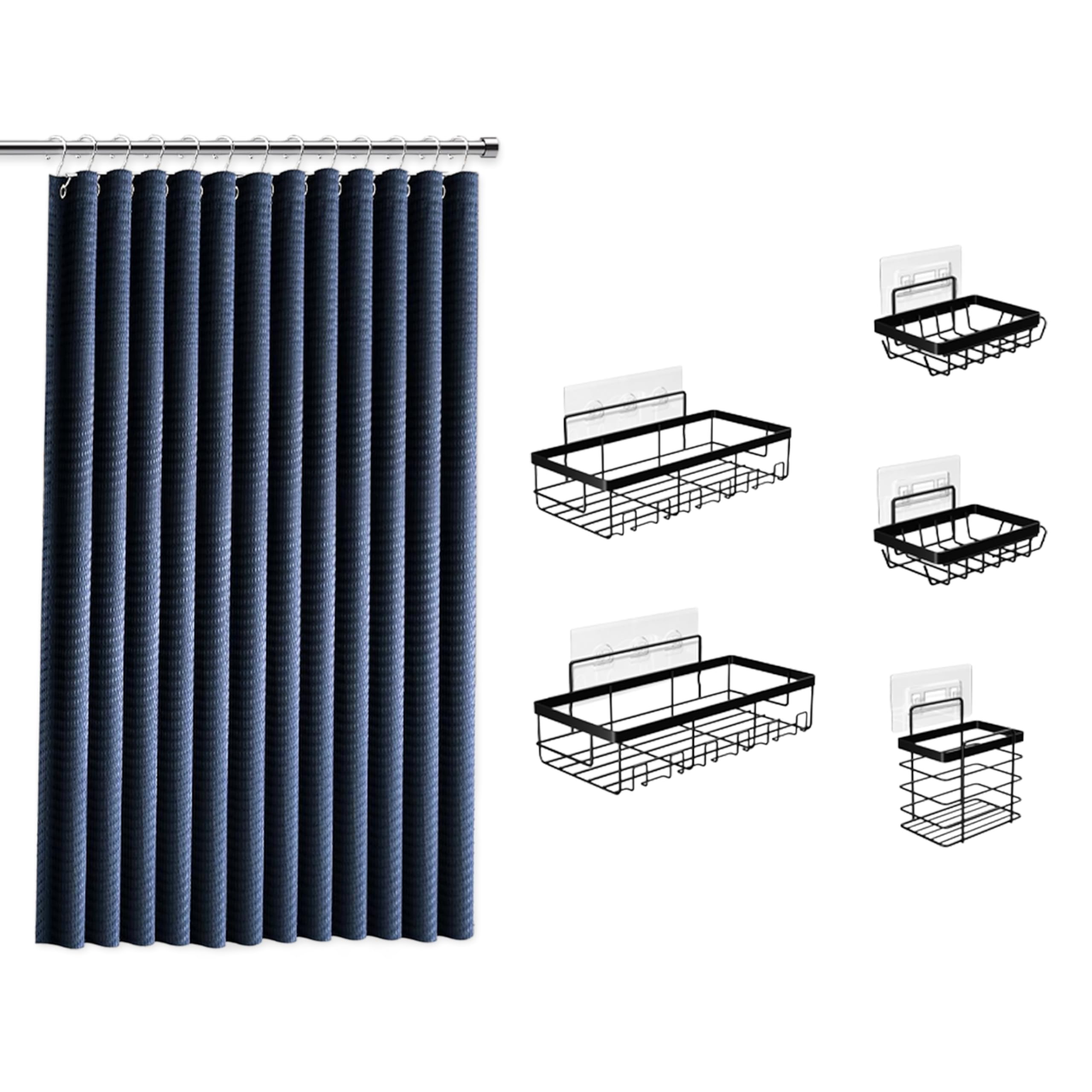 Clara Clark Navy Blue Shower Curtain Set with Black Shower Caddy Hanging - Fabric Shower Curtains and Stainless