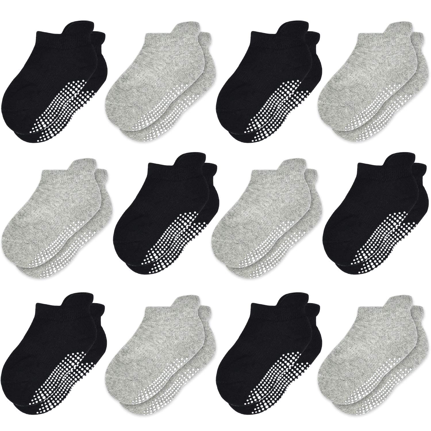 GRPSKCOS Non Slip Toddler Socks 12 Pairs Anti Skid Ankle Socks For Kids Boys Grips Cotton Crew Socks For 1-7 Years Children (#5 Black/Grey -12 Pairs, 1-3 Years)