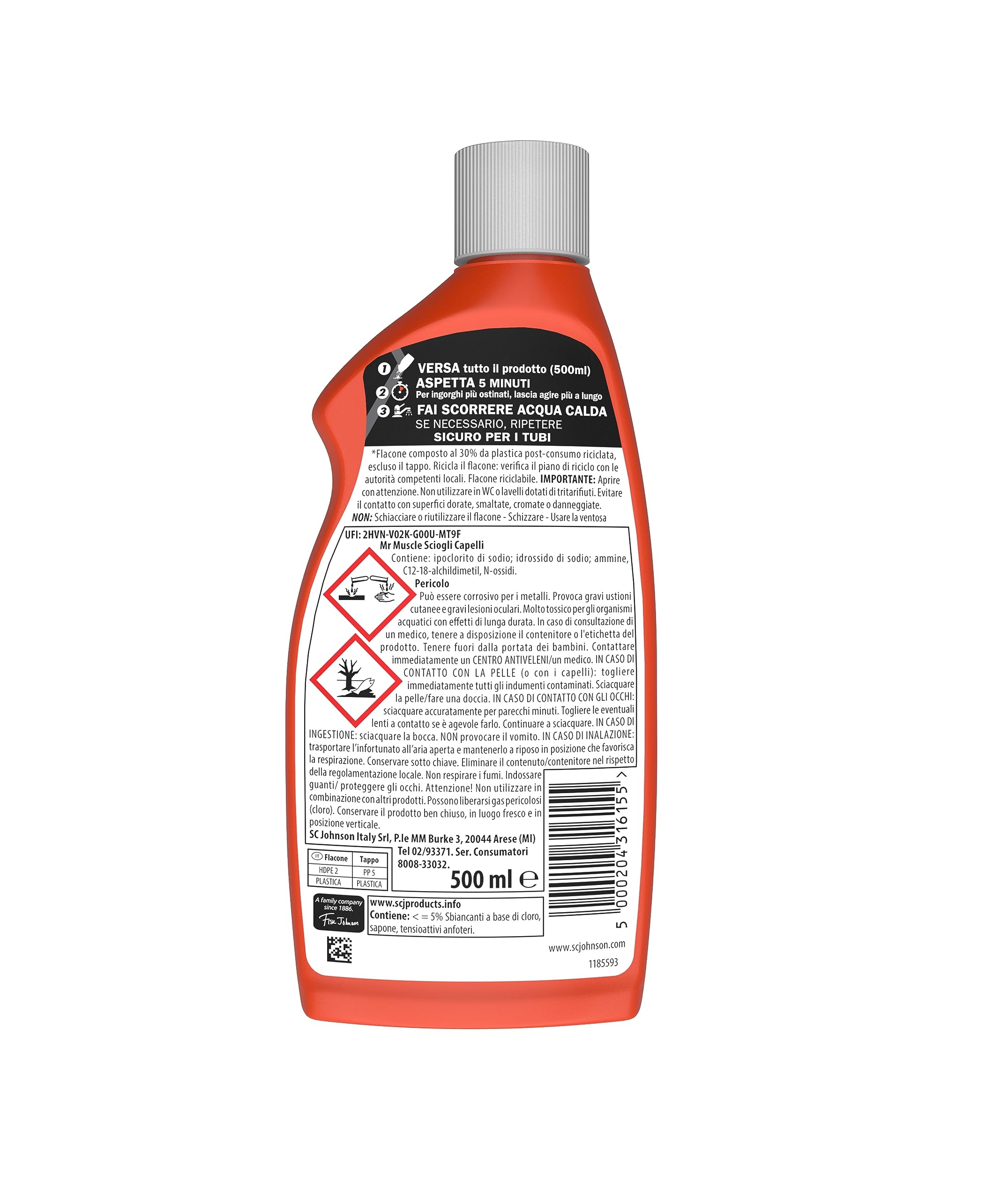 Mr Muscle Sciogli Capelli, Stura Lavandini e Scarichi, Disgorgante, Forte per Capelli e Peli di Animali, Sicuro per i Tubi - Formato scorta da 6 pezzi da 500ml