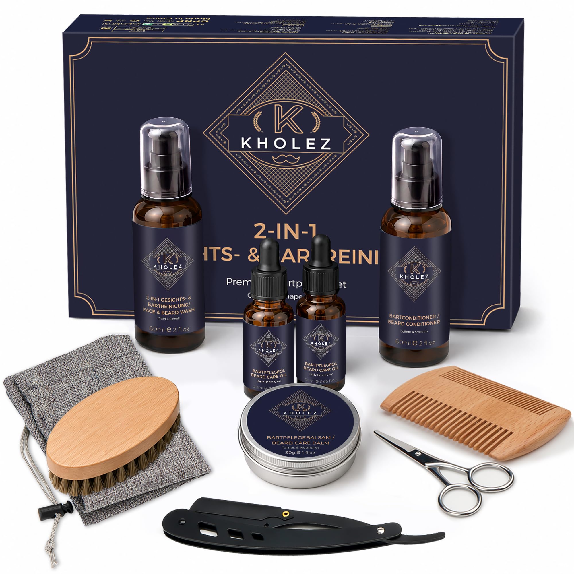Bartpflege Set für Männer, KHOLEZ Geschenk für Männer – 10-in-1 Bartpflege Herren Set mit Bartshampoo (60ml), Bart Conditioner(60ml), 2 x Bartöl (20ml), Bartbalsam, Kamm, Bürste & Schere