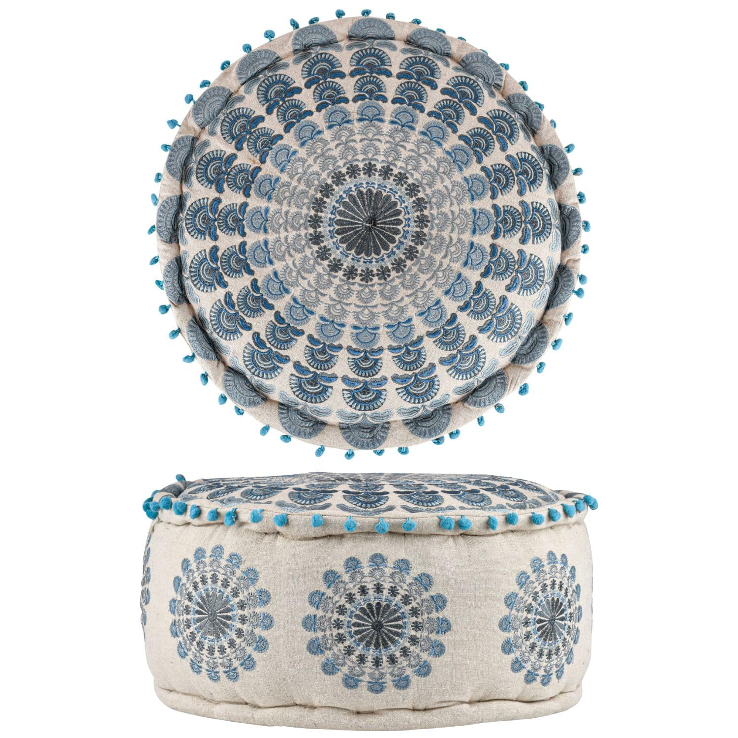 Boho Pouf Garet handgefertigt aus Baumwolle in Blau 50 cm handgemacht