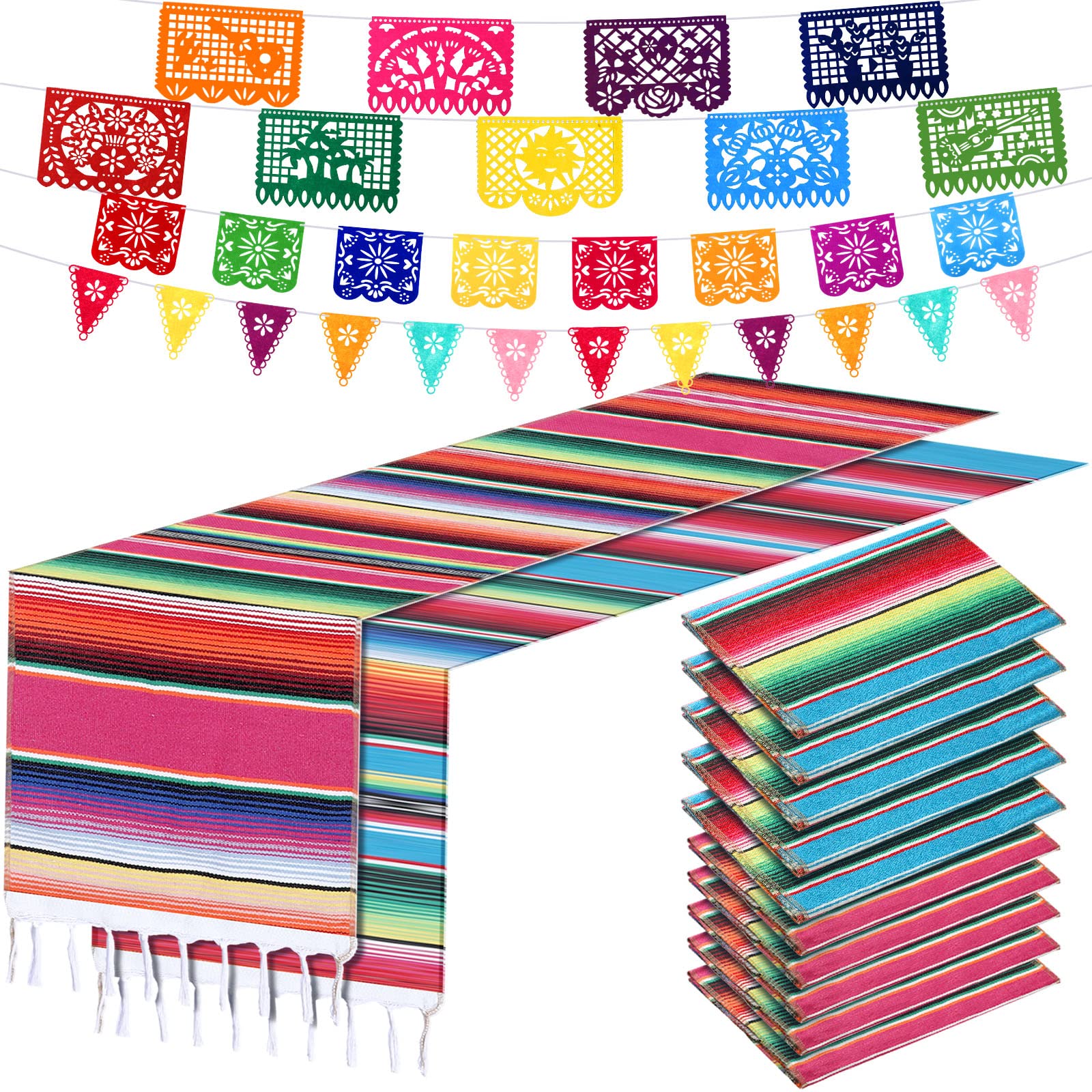 Tegeme 10 Pack 14 x 84 In Mexican Serape Table Runners, 29 Pcs Papel Picado Banner, Fiesta Hanging Banner and Pennant Flag Banner Colorful Bunting Banner for Mexican Theme Party (Rose Red, Blue)