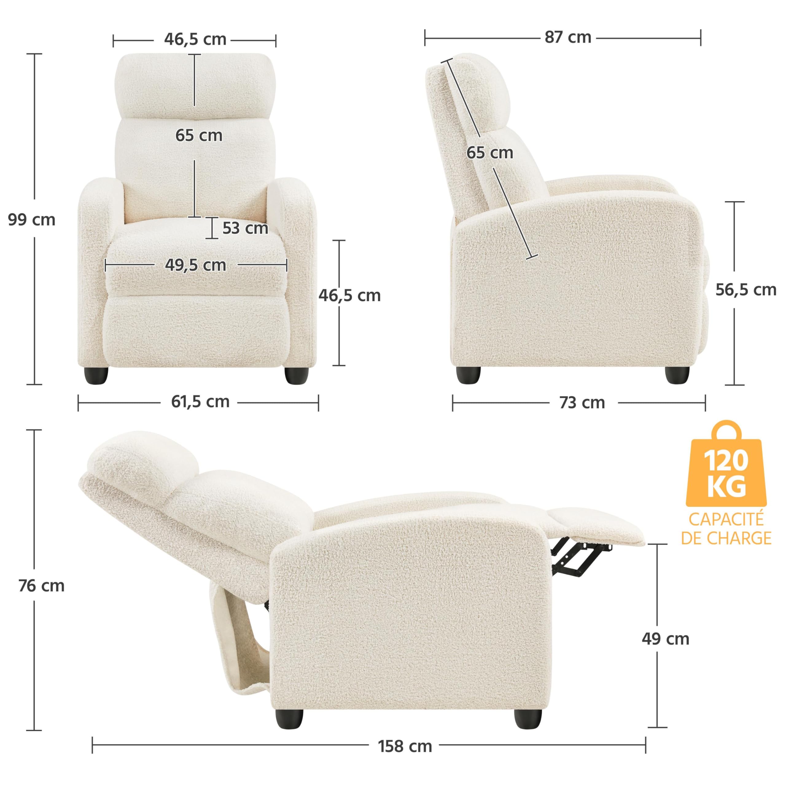 Yaheetech Fauteuil de Relaxation Petit Canapé Inclinable en Tissu Bouclette Doux en 3 Positions 1 Place avec Repose Pied/Chambre à Coucher/Home Cinéma/Salon Ivoire