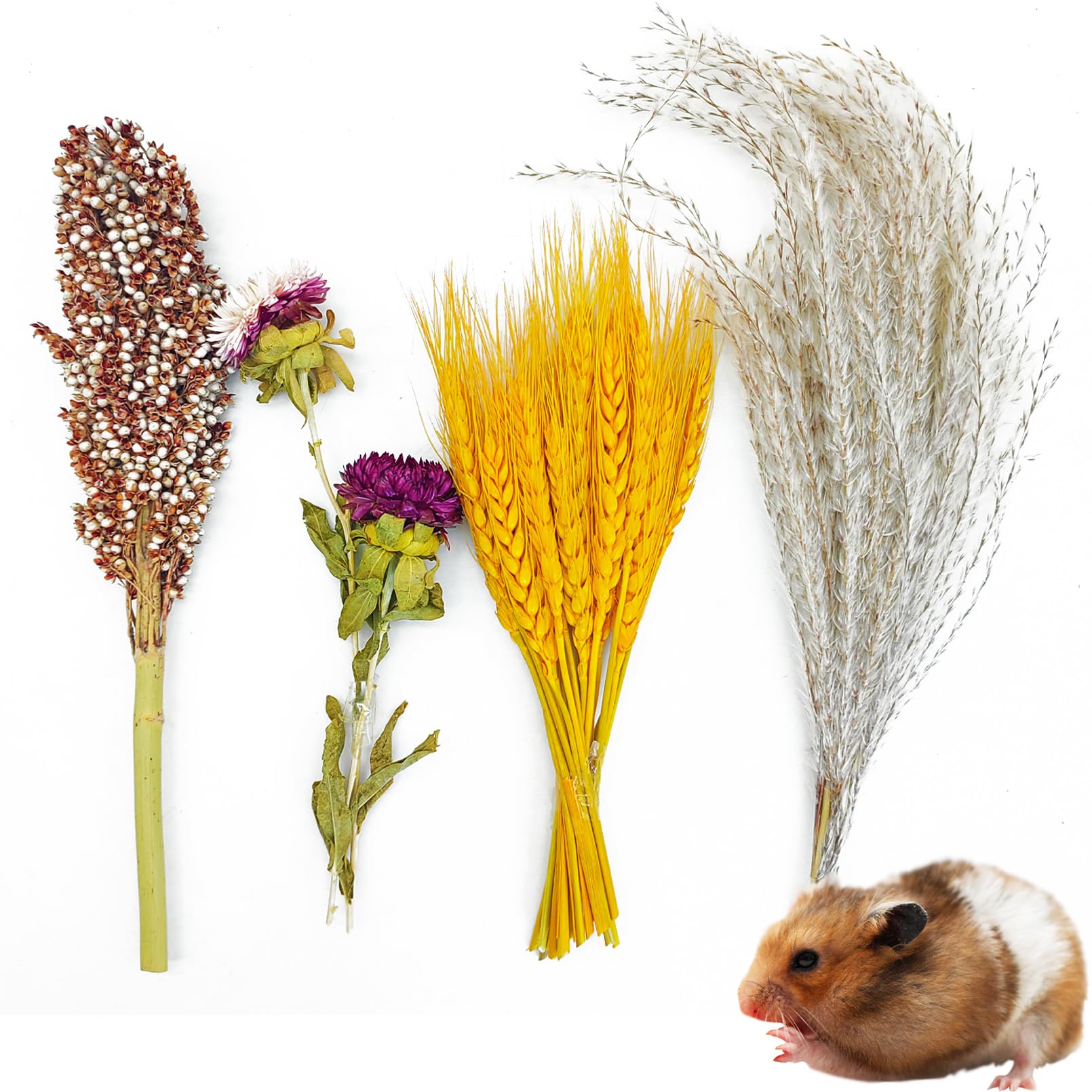 Fhiny Natural Hamster Bedding Mate, Edible Hamster Sprays Flowers & Herbs Gerbil Habitat Enclosure Decor Grain Treats Cage Accessories for Syrian