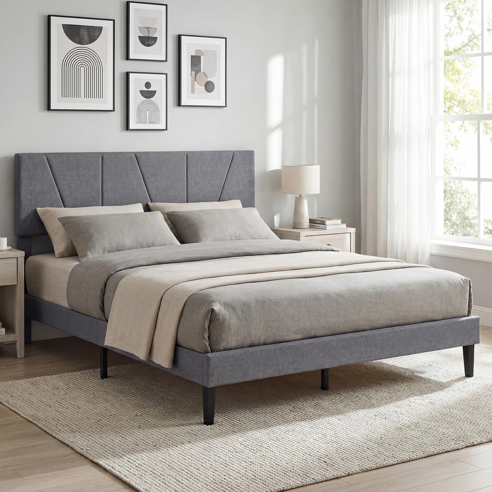 COSTWAY Struttura Letto Matrimoniale, Letto Piattaforma Rivestito in Lino con Testiera Regolabile in Altezza, Doghe in Legno a Supporto del Materasso, Silenzioso (200x160cm)