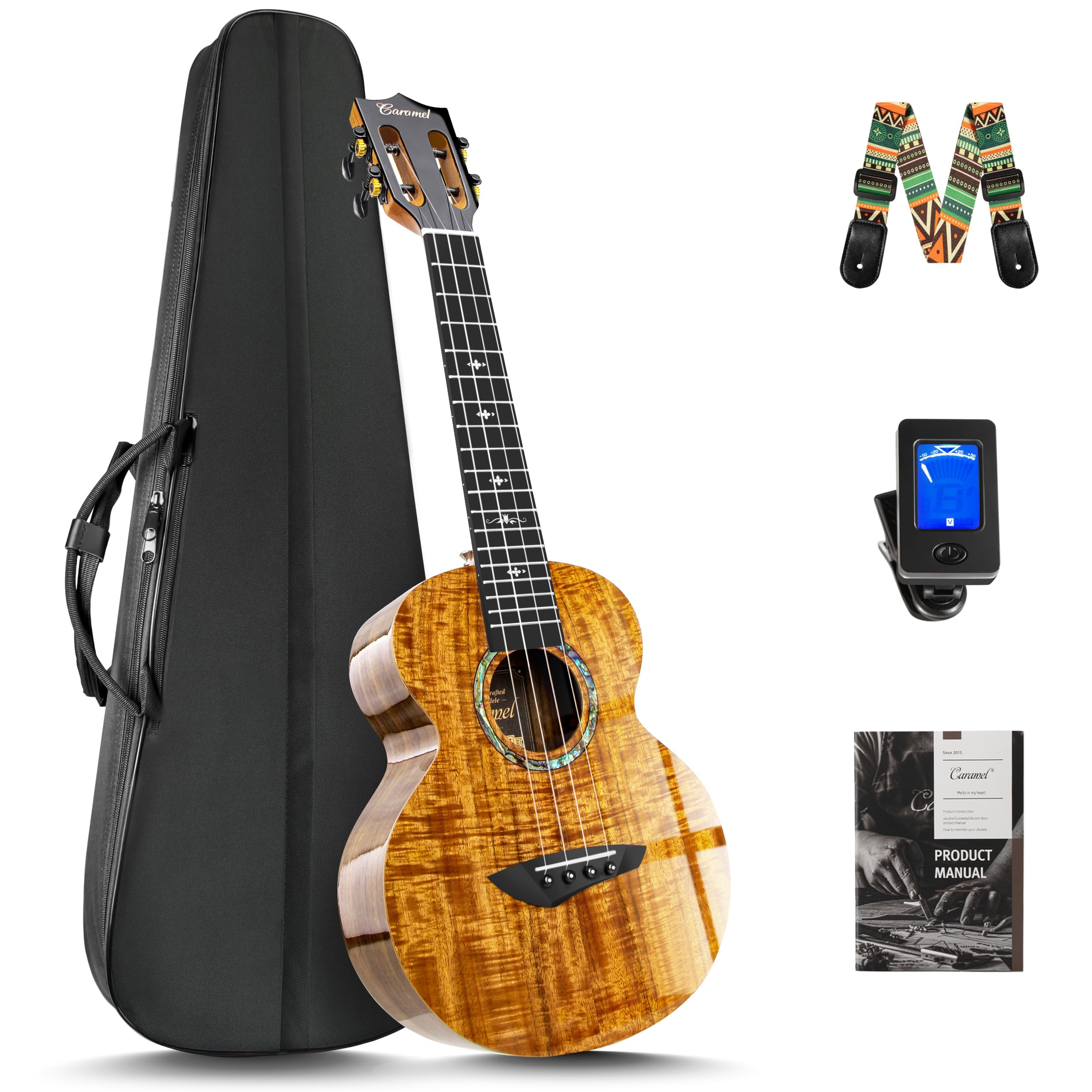 Caramel CAG28 Glossy Curly Acacia 23" Concert Ukulele for Beginner | Handmade Ukelele Starter Kit