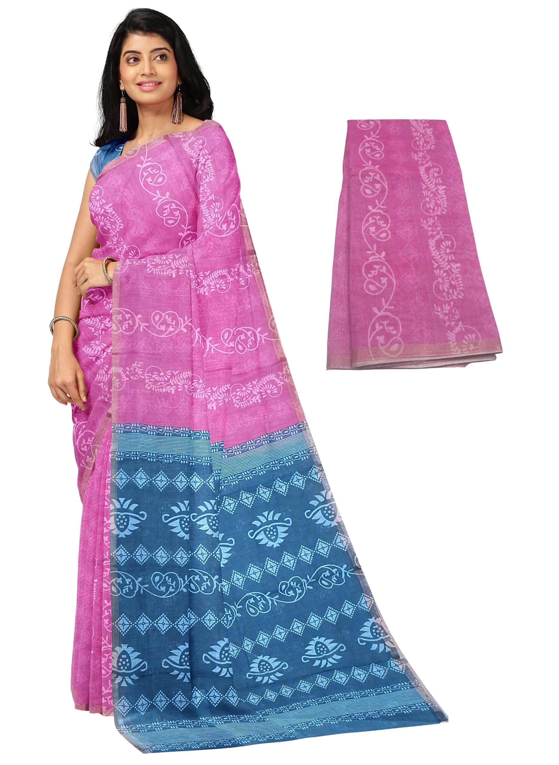 Women's Soft Cotton Linen Printed Saree With Contrast Blouse-picture-49