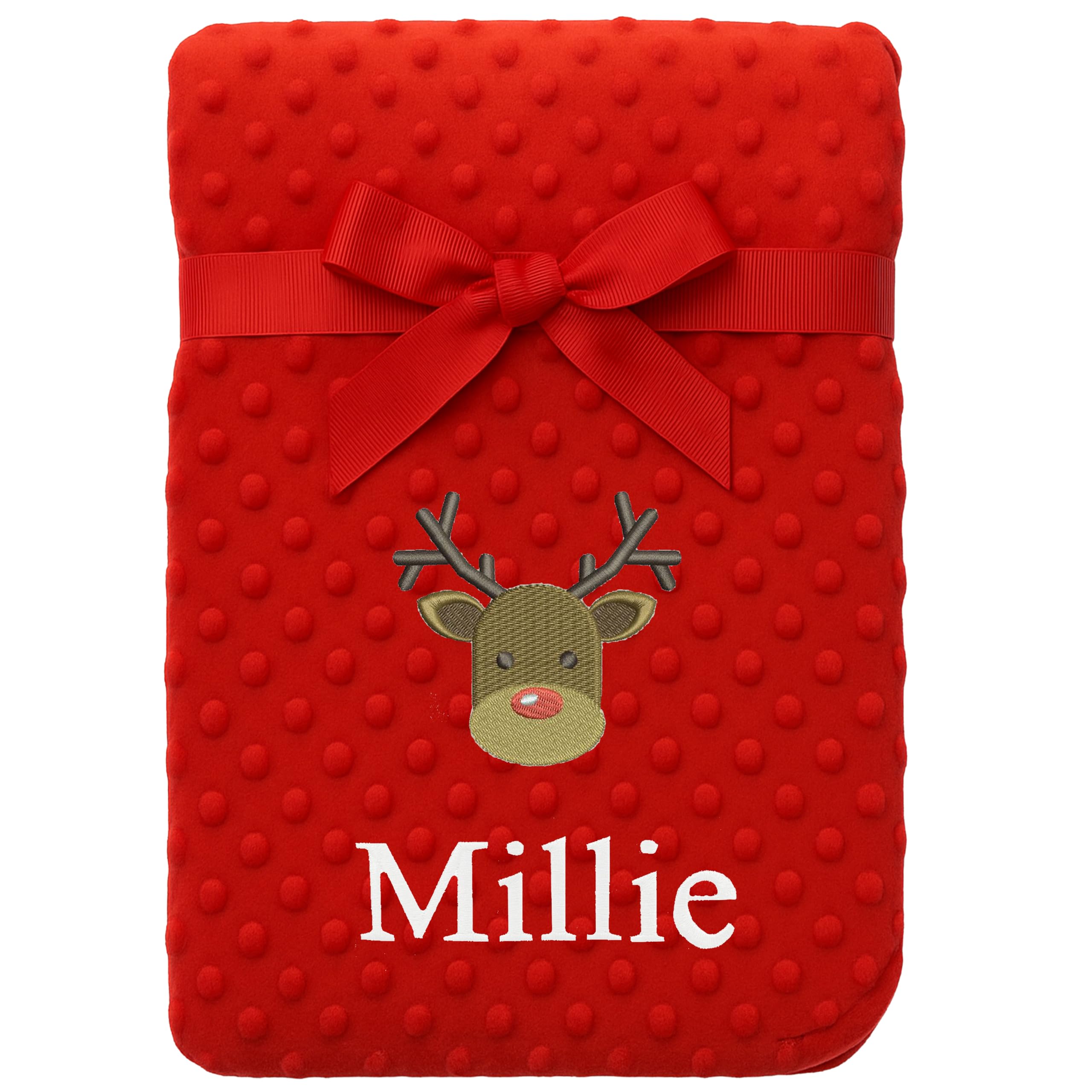 The Baby Box Uk Red Bobble - Reindeer Personalised Baby Red Bobble Blanket – Christmas Santa, Reindeer Or Snowman Design – Custom Embroidered With Any Name In White Thread – Baby’s First (Red Bobble - Reindeer)