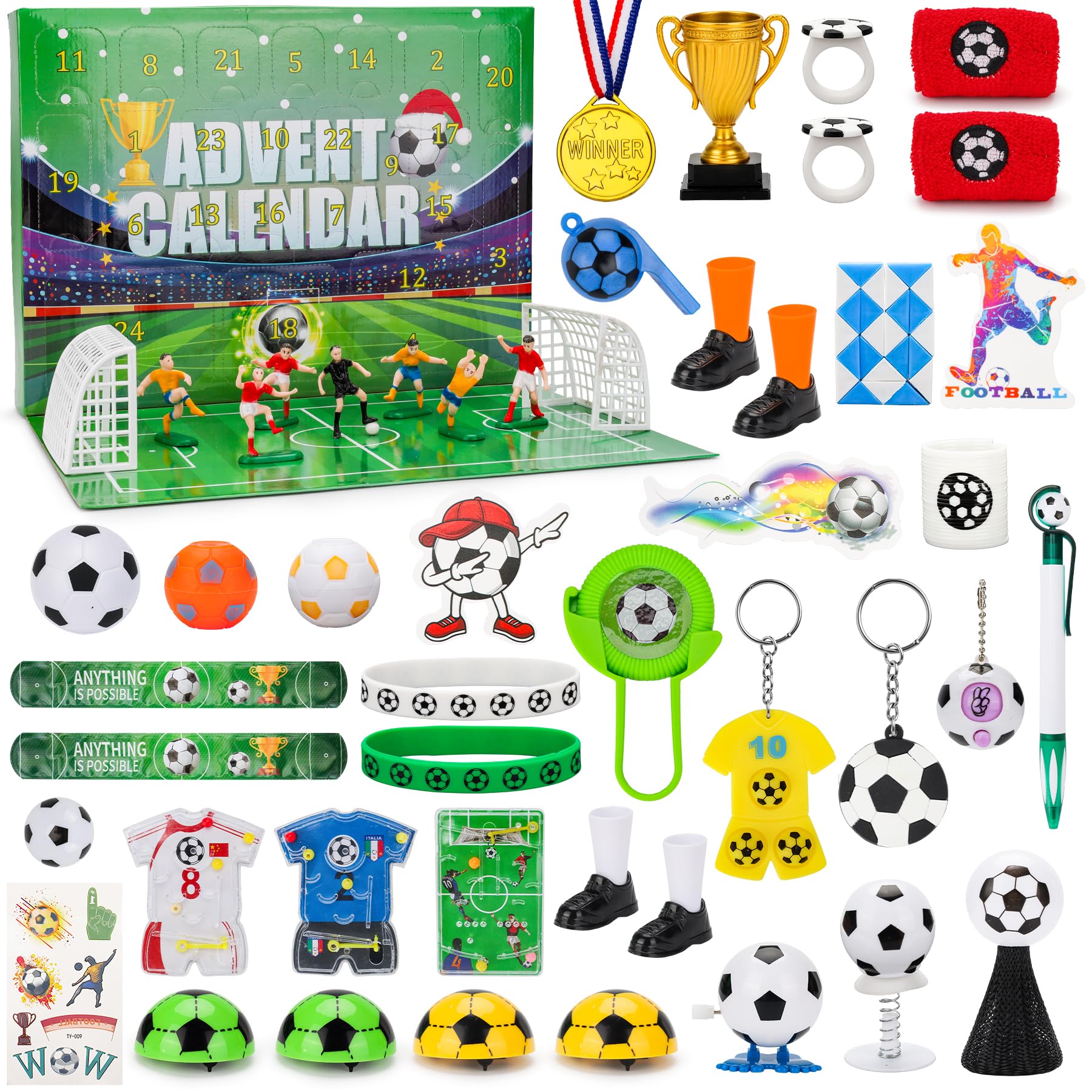 Calendario de Adviento de fútbol 2025, regalos de cuenta regresiva de Navidad de 24 días para niños y niñas, calendario de Adviento con accesorios de fútbol, relleno de calcetines de Navidad, regalos