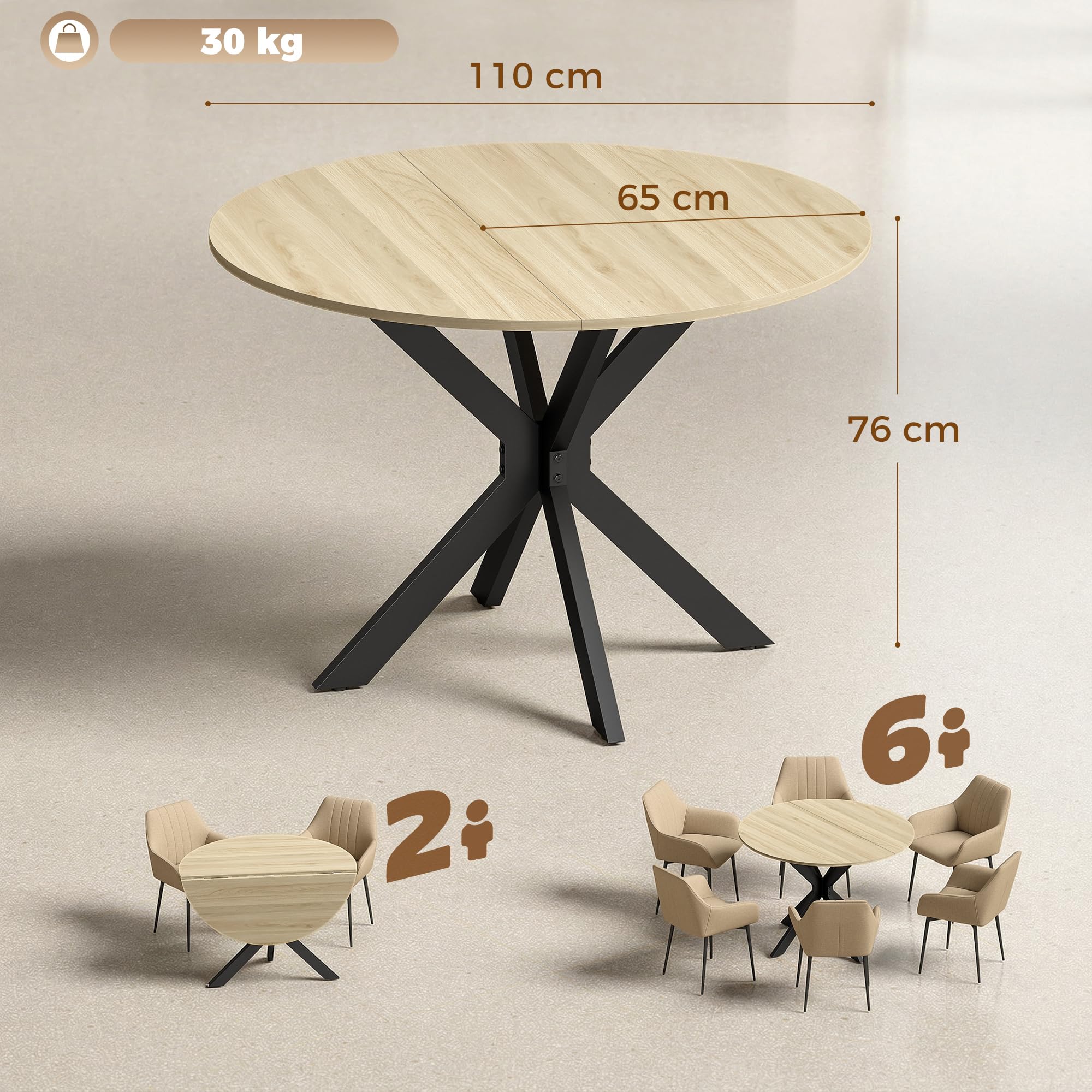 HOMCOM Table à Manger Pliante Ronde 2-6 Personnes Ø110x76 cm Bois Naturel | Table de Cuisine, Plateau Rabattable, Pieds Croisés en Acier, pour Petits Espaces, Salle à Manger