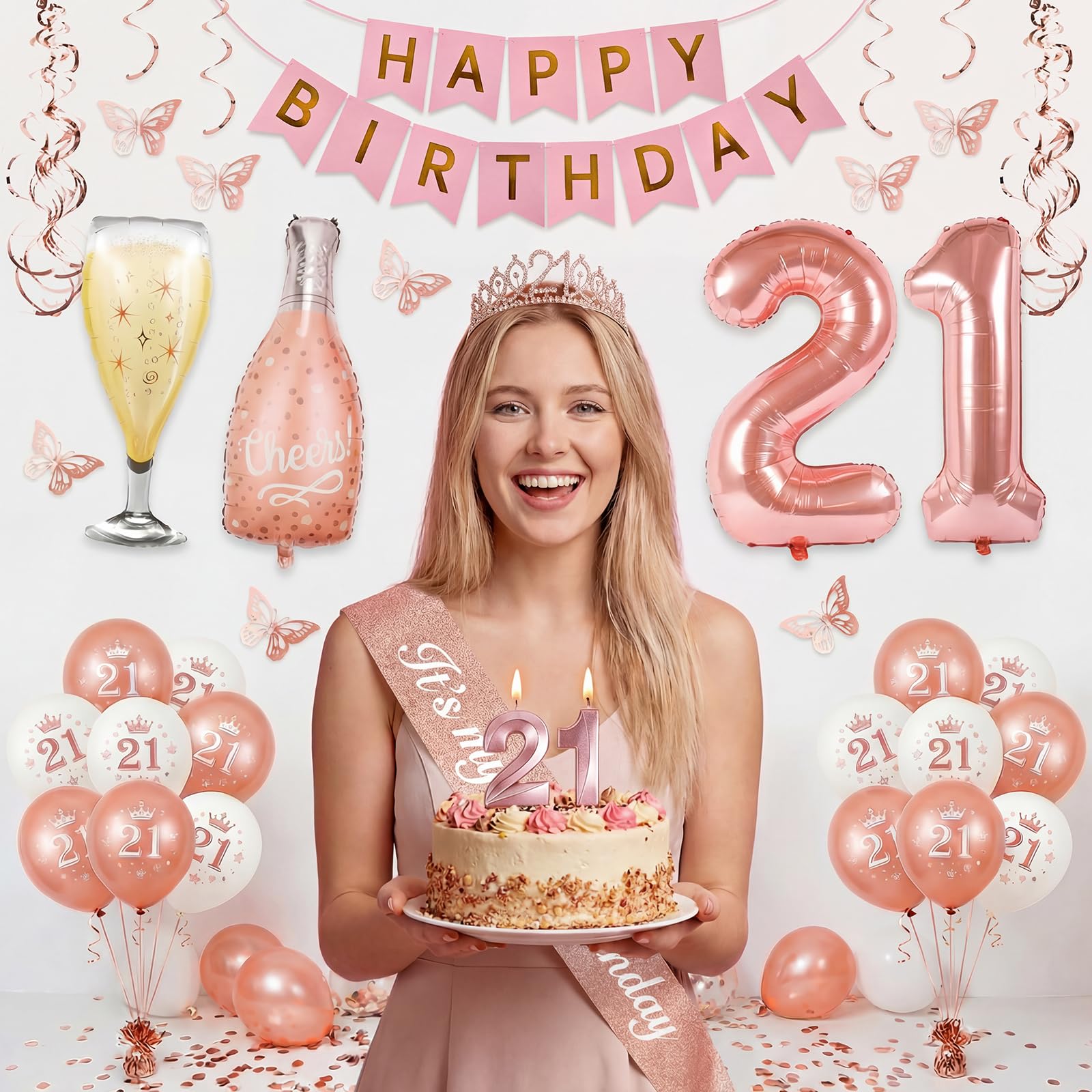 21st Birthday Decorations for Her, 47-Piece Rose Gold Party Kit